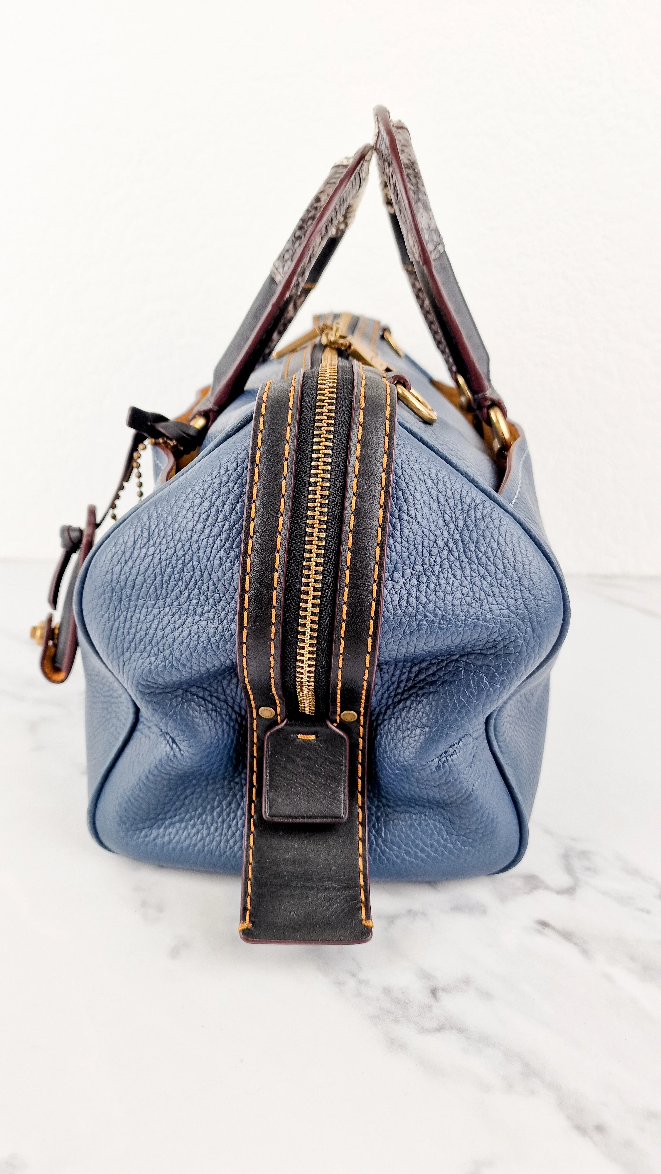 RARE Coach 1941 Rogue Satchel in Dark Denim with Colorblock Patchwork Snakeskin Handles - Barrel Bag - Coach 58690 - Image 7