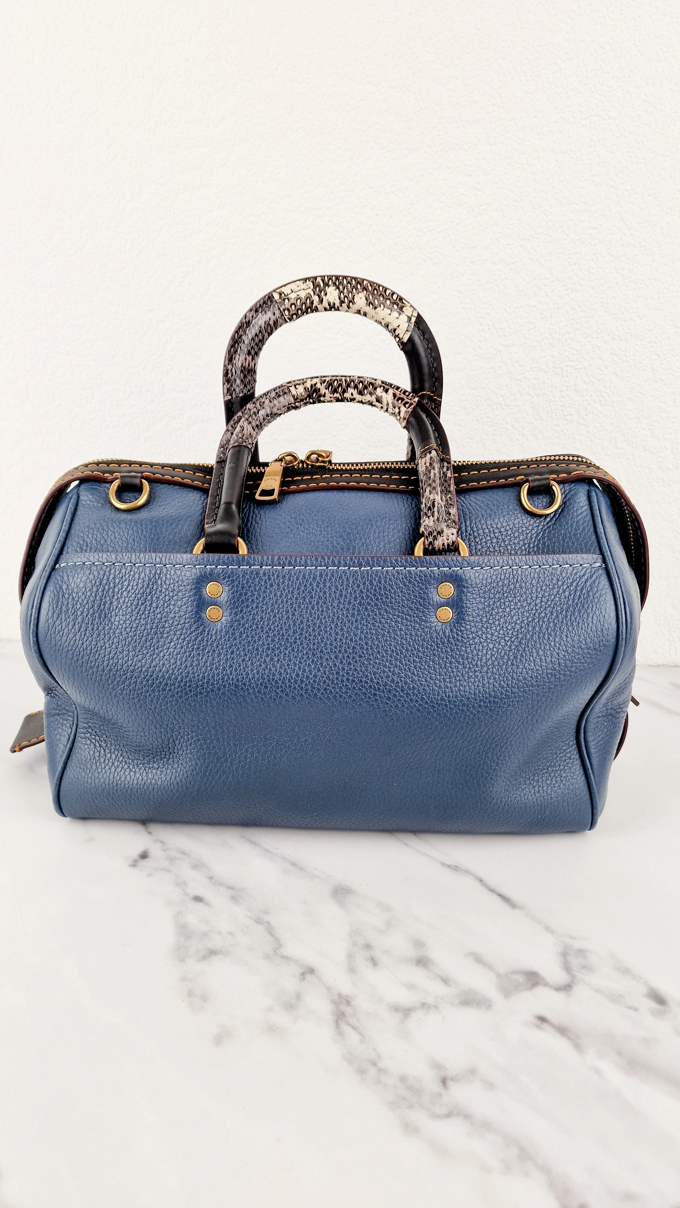 RARE Coach 1941 Rogue Satchel in Dark Denim with Colorblock Patchwork Snakeskin Handles - Barrel Bag - Coach 58690 - Image 8