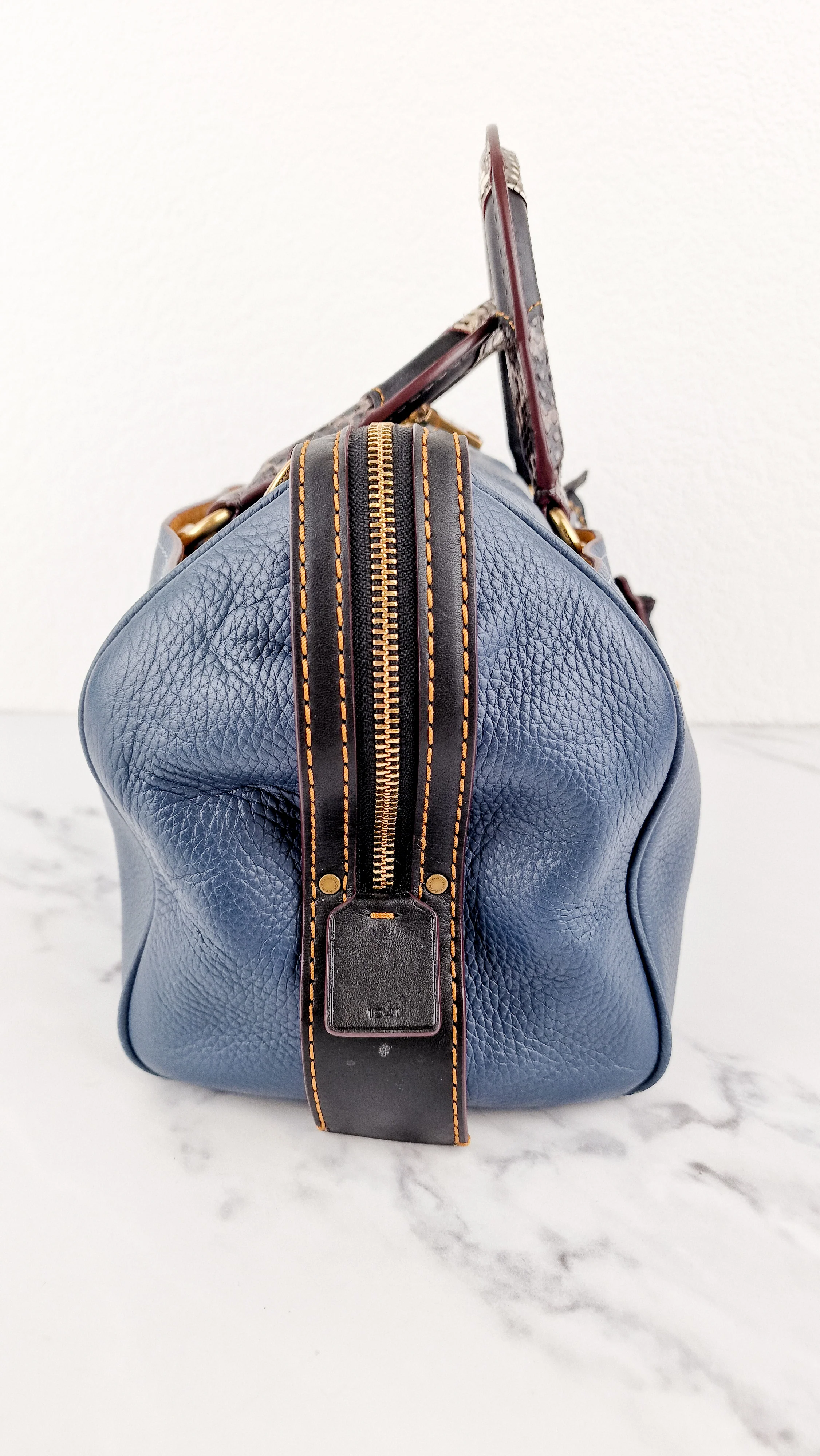 RARE Coach 1941 Rogue Satchel in Dark Denim with Colorblock Patchwork Snakeskin Handles - Barrel Bag - Coach 58690 - Image 9