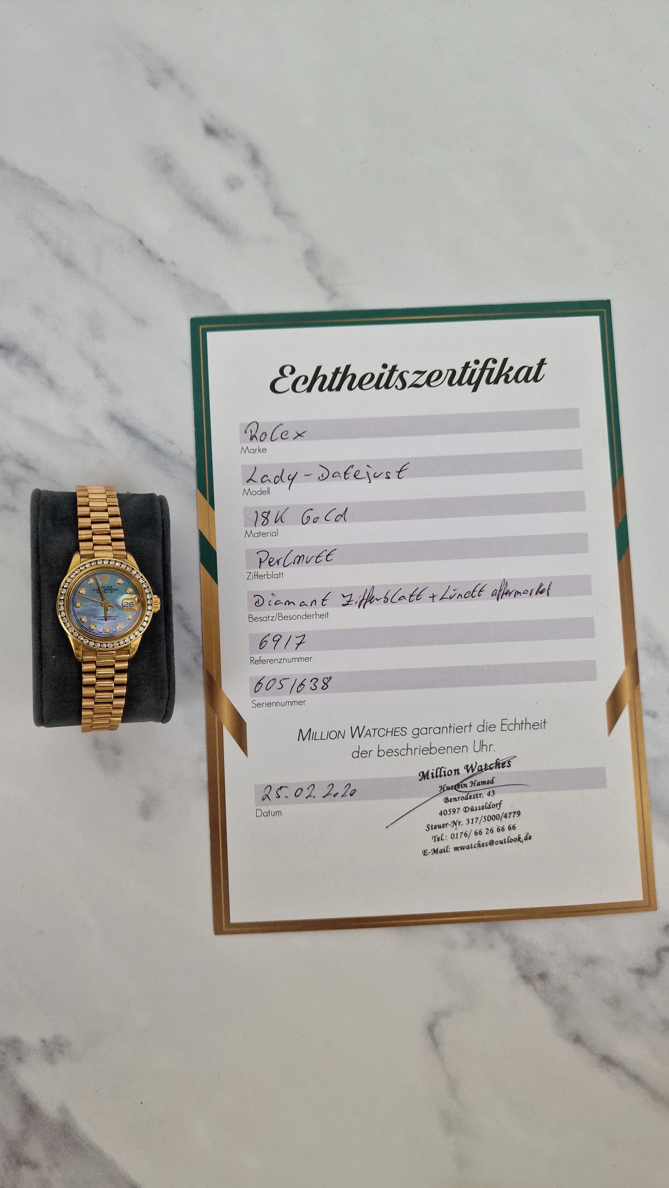 Rolex 18k Yellow Gold 26mm Lady President Datejust Diamond Bezel Tahitian MOP Diamond Dial Automatic Movement Mother of Pearl Watch - Rolex 6917 - Image 16