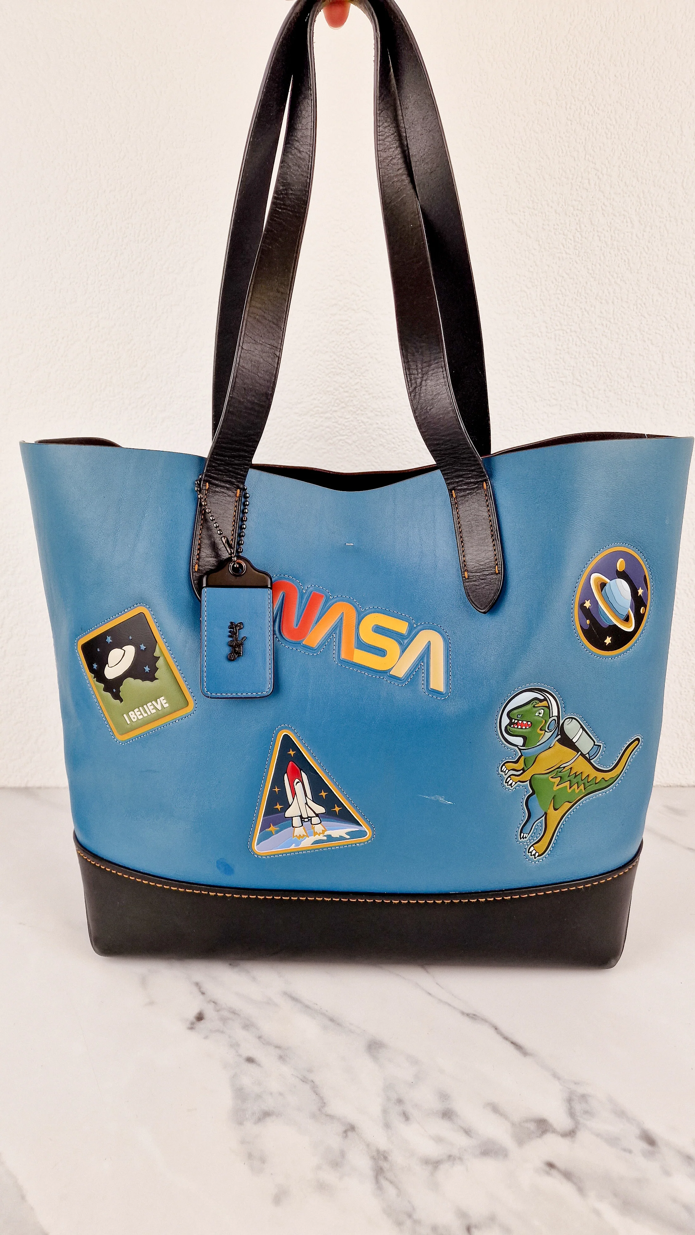RARE Coach 1941 Gotham Tote with Space Patches Nasa Bag With Space Rexy in Blue & Black Leather Colorblock - Coach 11487