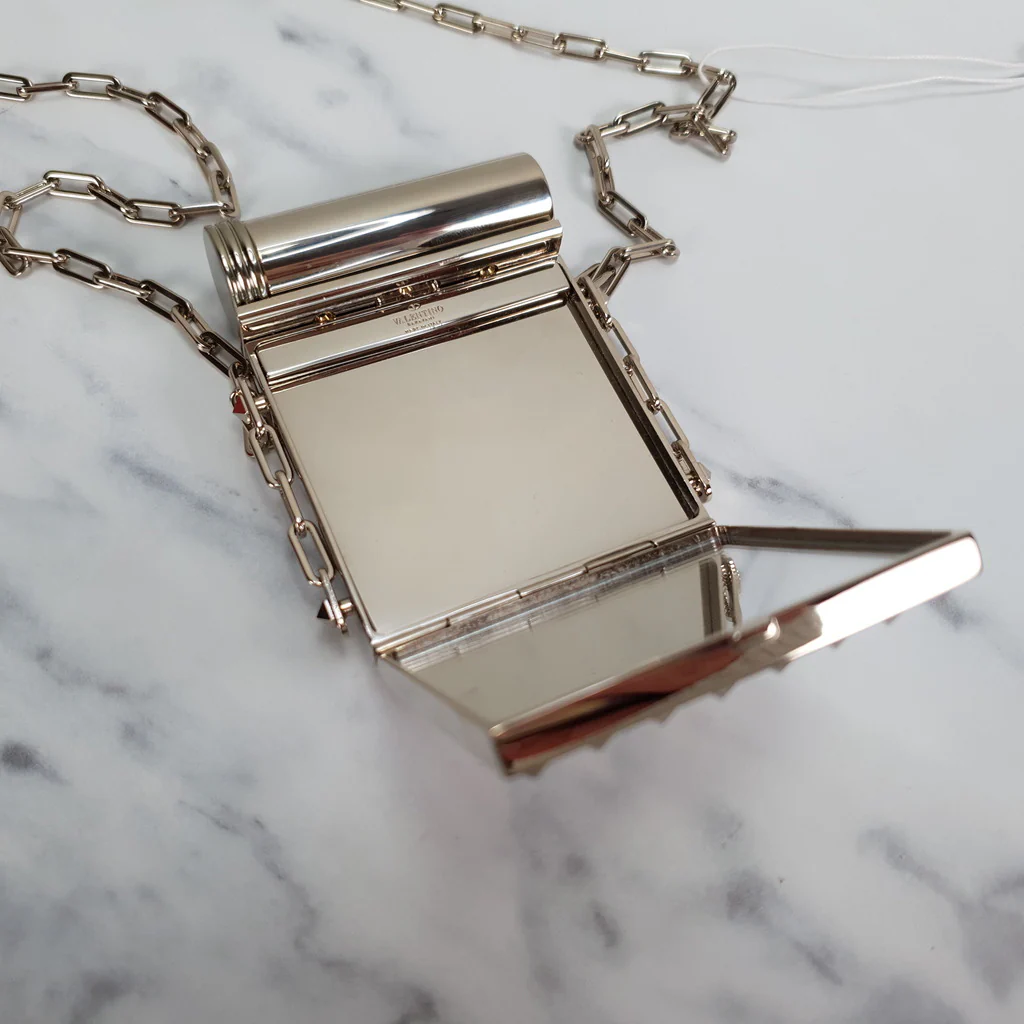 Valentino Garavani Rockstuds White Minaudiere Compact Mirror with Lipstick Holder on Chain - Image 11