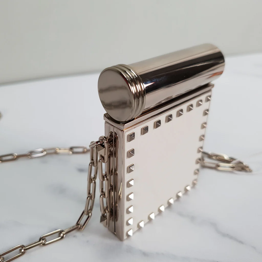 Valentino Garavani Rockstuds White Minaudiere Compact Mirror with Lipstick Holder on Chain - Image 5