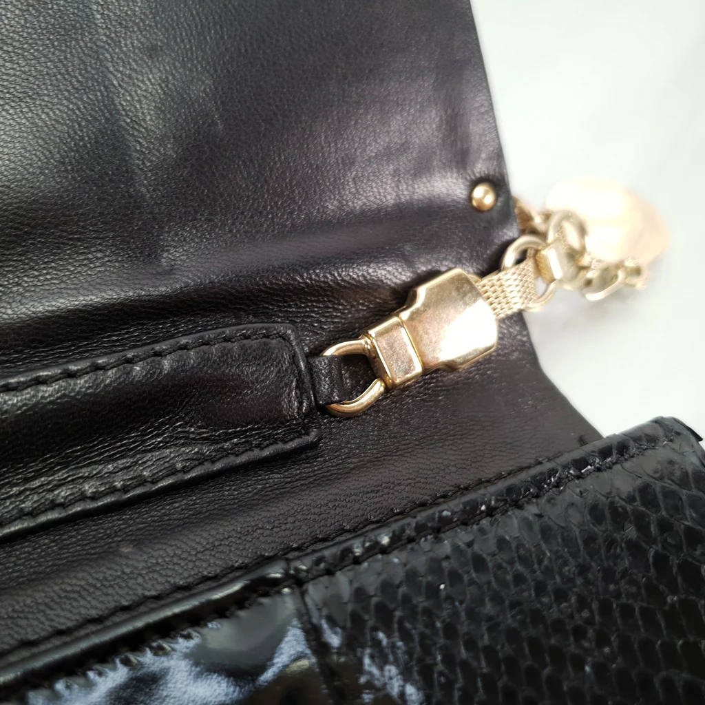Versace Clutch Baguette in Black Patent Leather & Snakeskin with Medusa Medallion & Chain - Handbag - Image 15