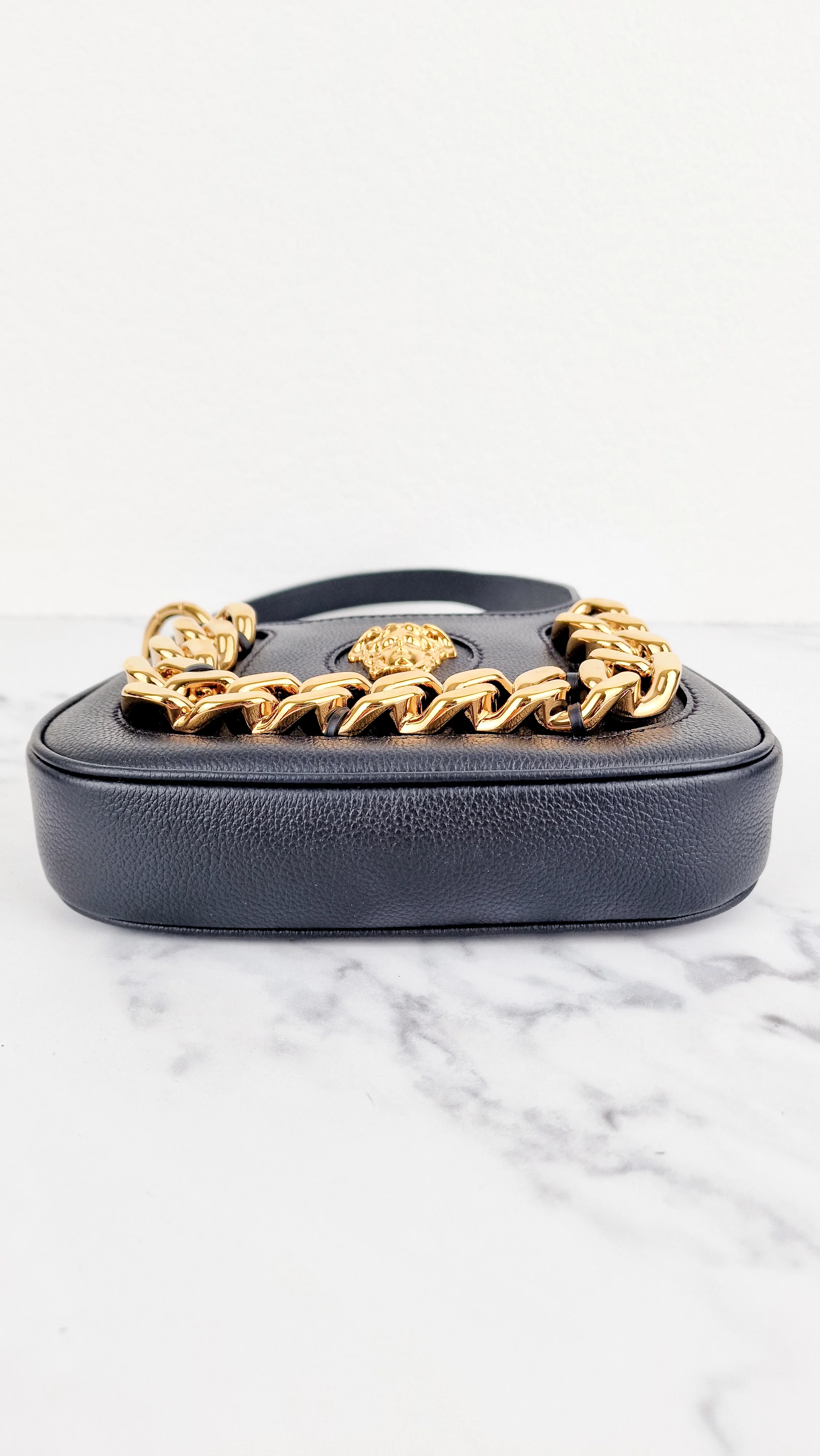 Versace La Medusa Hobo Bag in Black Calf Leather With Gold Chunky Chain & Medusa Head Curved - Image 11
