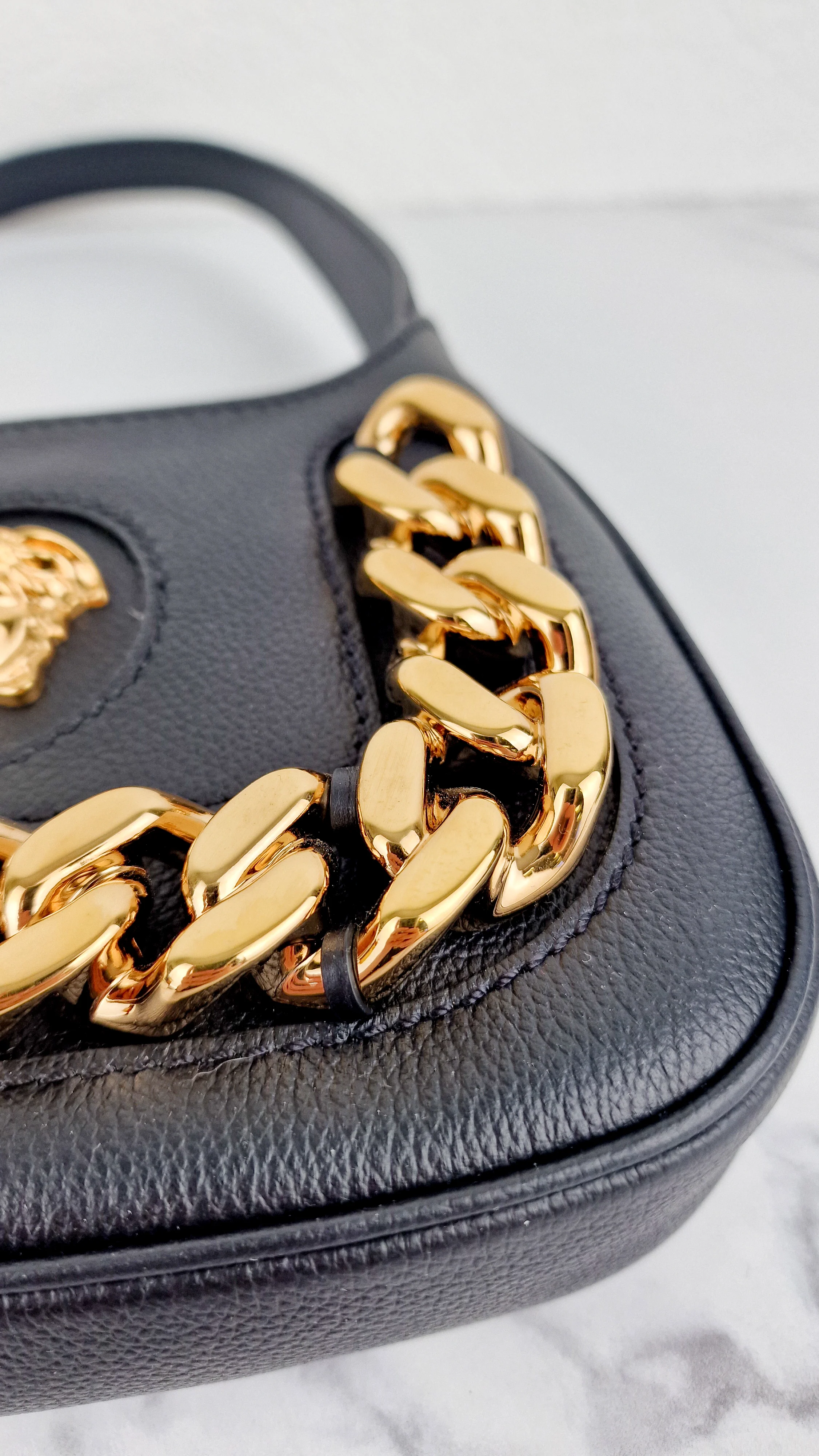 Versace La Medusa Hobo Bag in Black Calf Leather With Gold Chunky Chain & Medusa Head Curved - Image 12