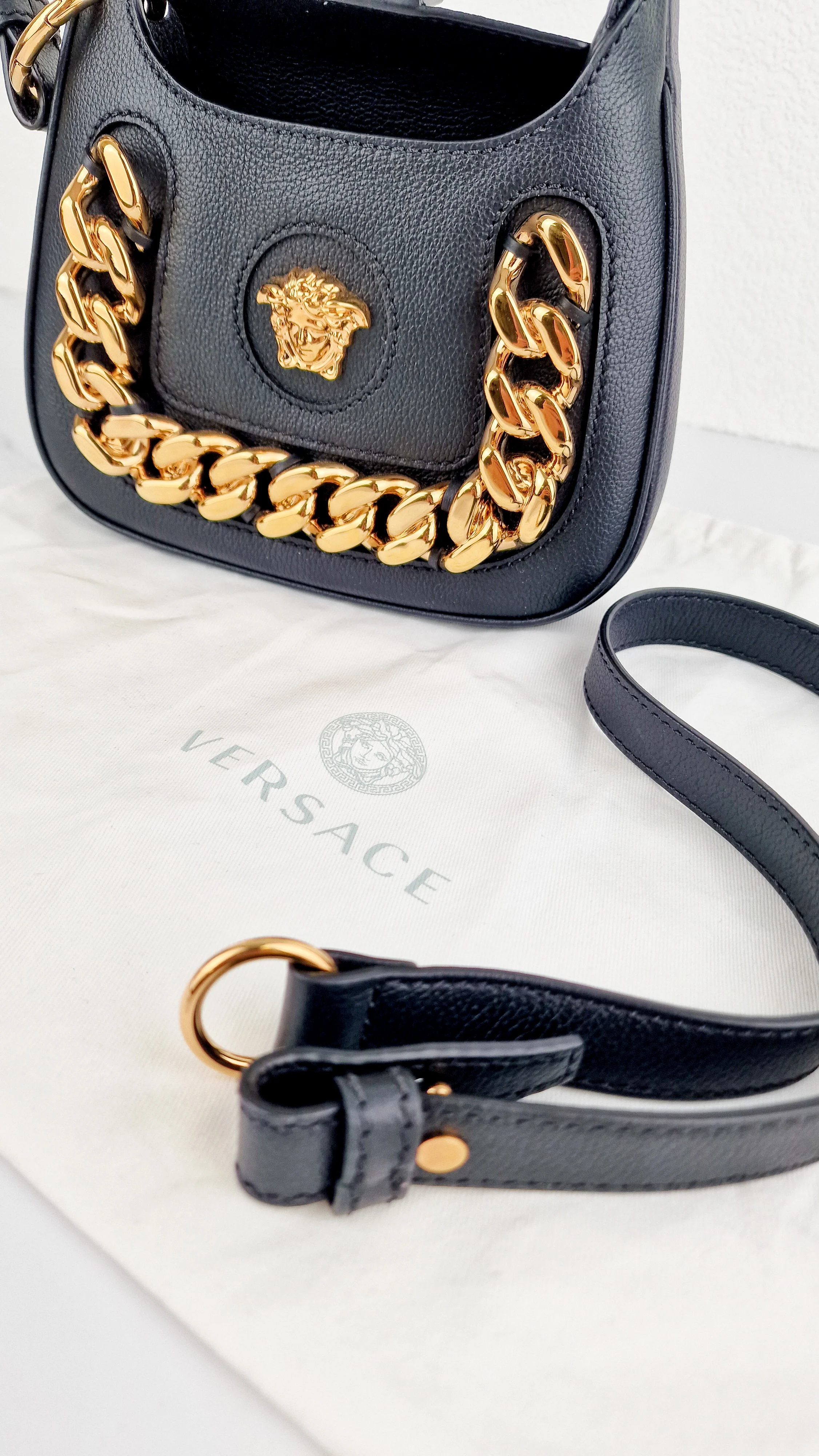 Versace La Medusa Hobo Bag in Black Calf Leather With Gold Chunky Chain & Medusa Head Curved - Image 17