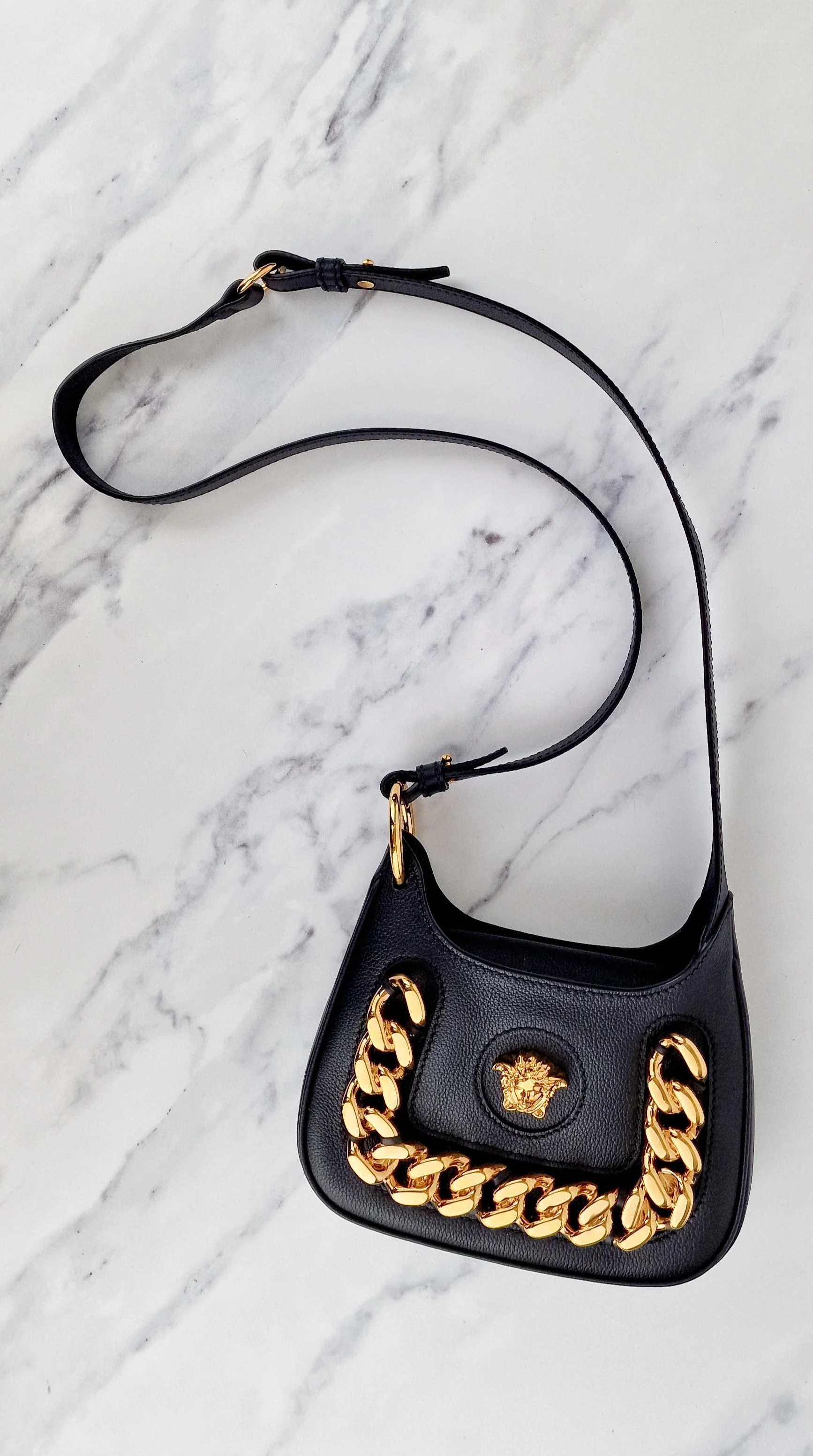 Versace La Medusa Hobo Bag in Black Calf Leather With Gold Chunky Chain & Medusa Head Curved - Image 3