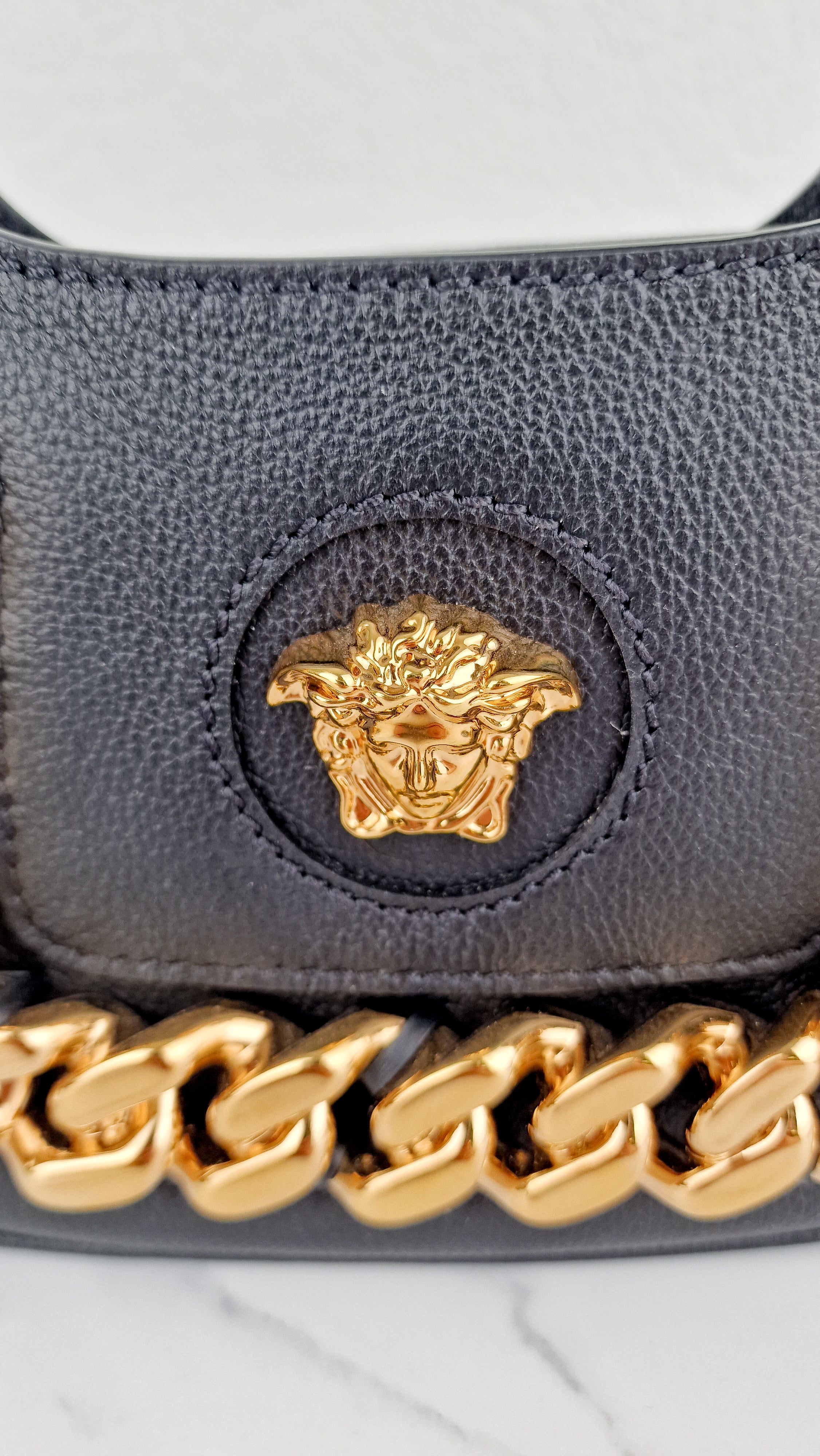 Versace La Medusa Hobo Bag in Black Calf Leather With Gold Chunky Chain & Medusa Head Curved - Image 4