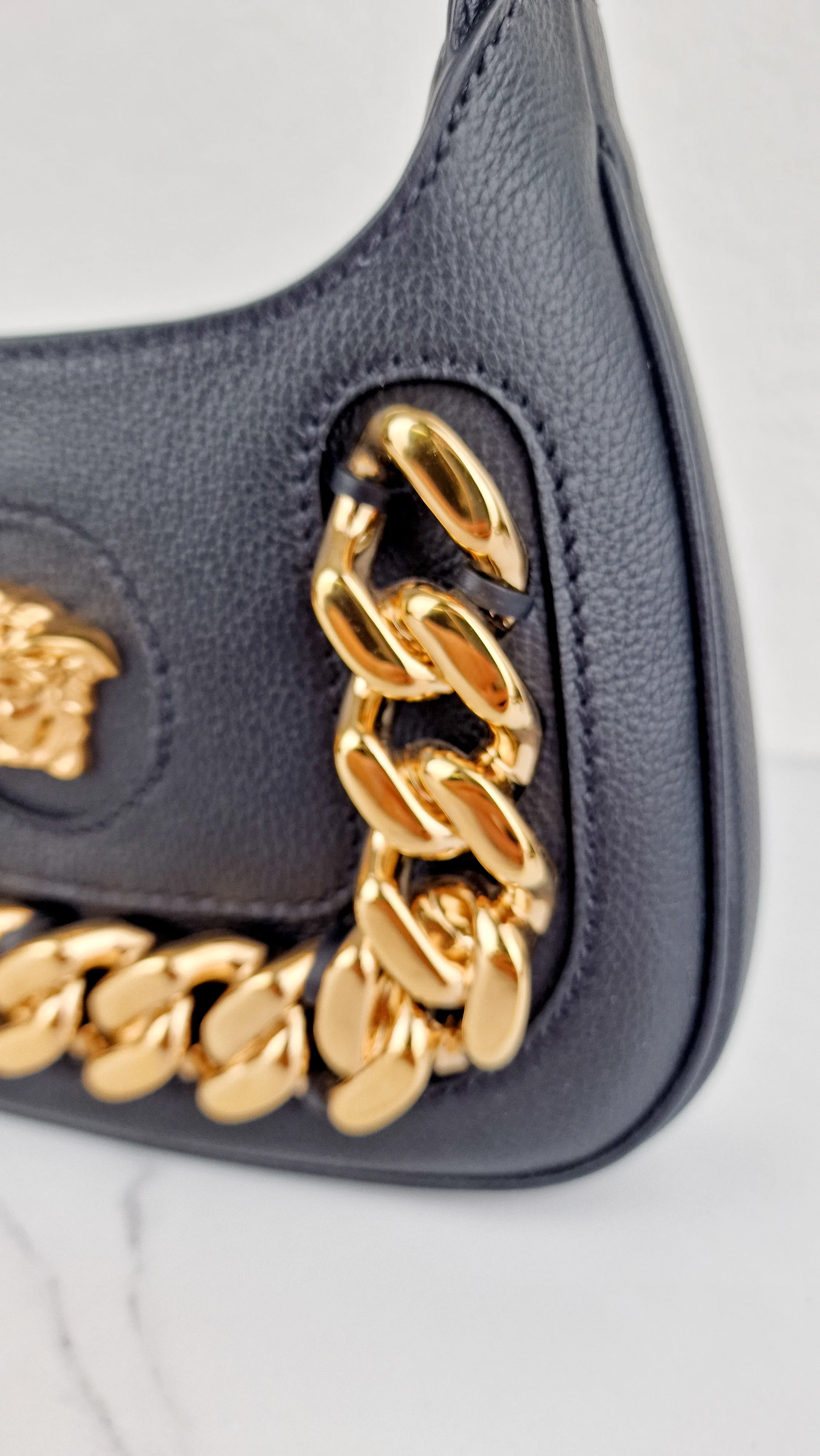 Versace La Medusa Hobo Bag in Black Calf Leather With Gold Chunky Chain & Medusa Head Curved - Image 5