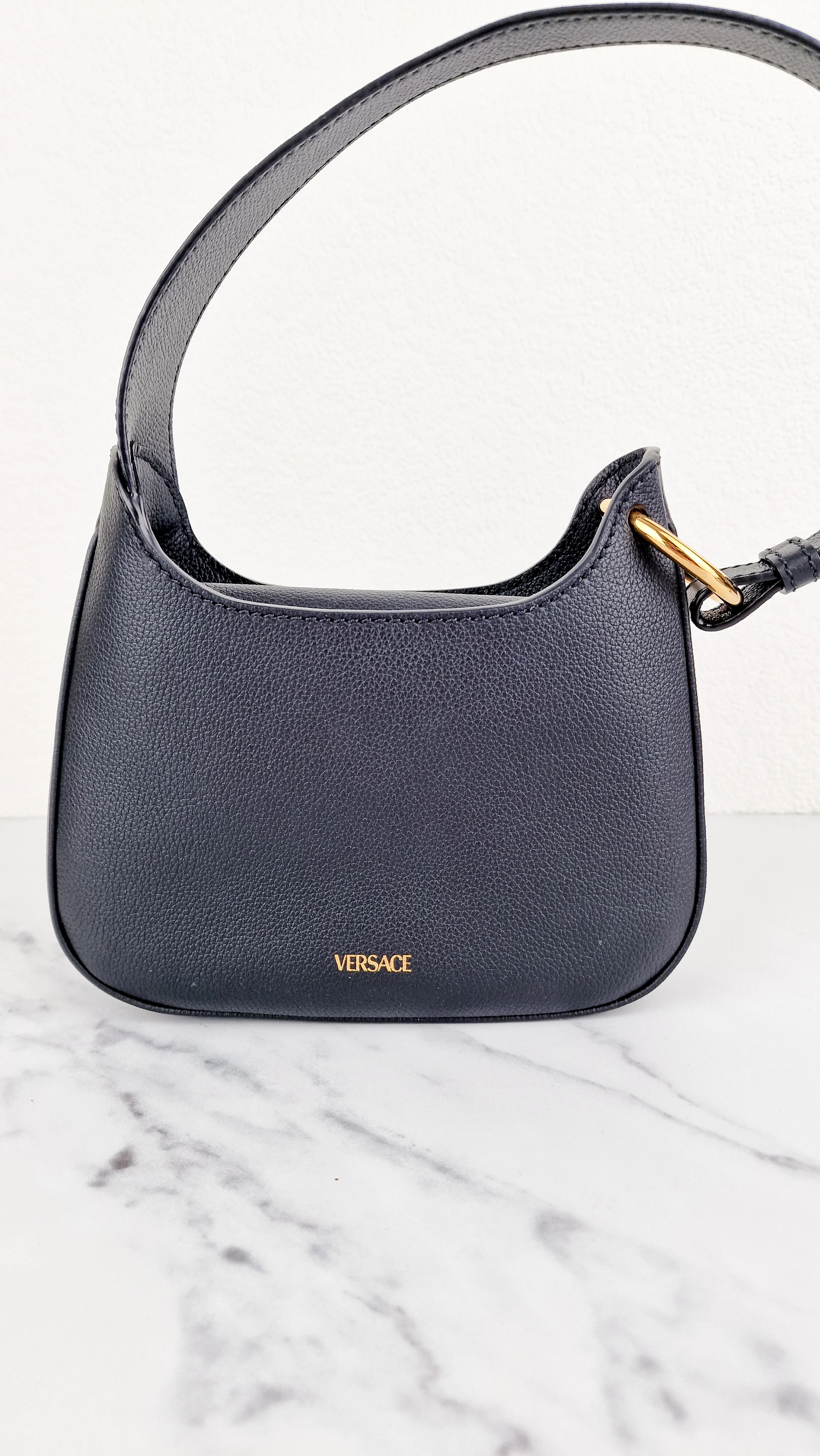 Versace La Medusa Hobo Bag in Black Calf Leather With Gold Chunky Chain & Medusa Head Curved - Image 7