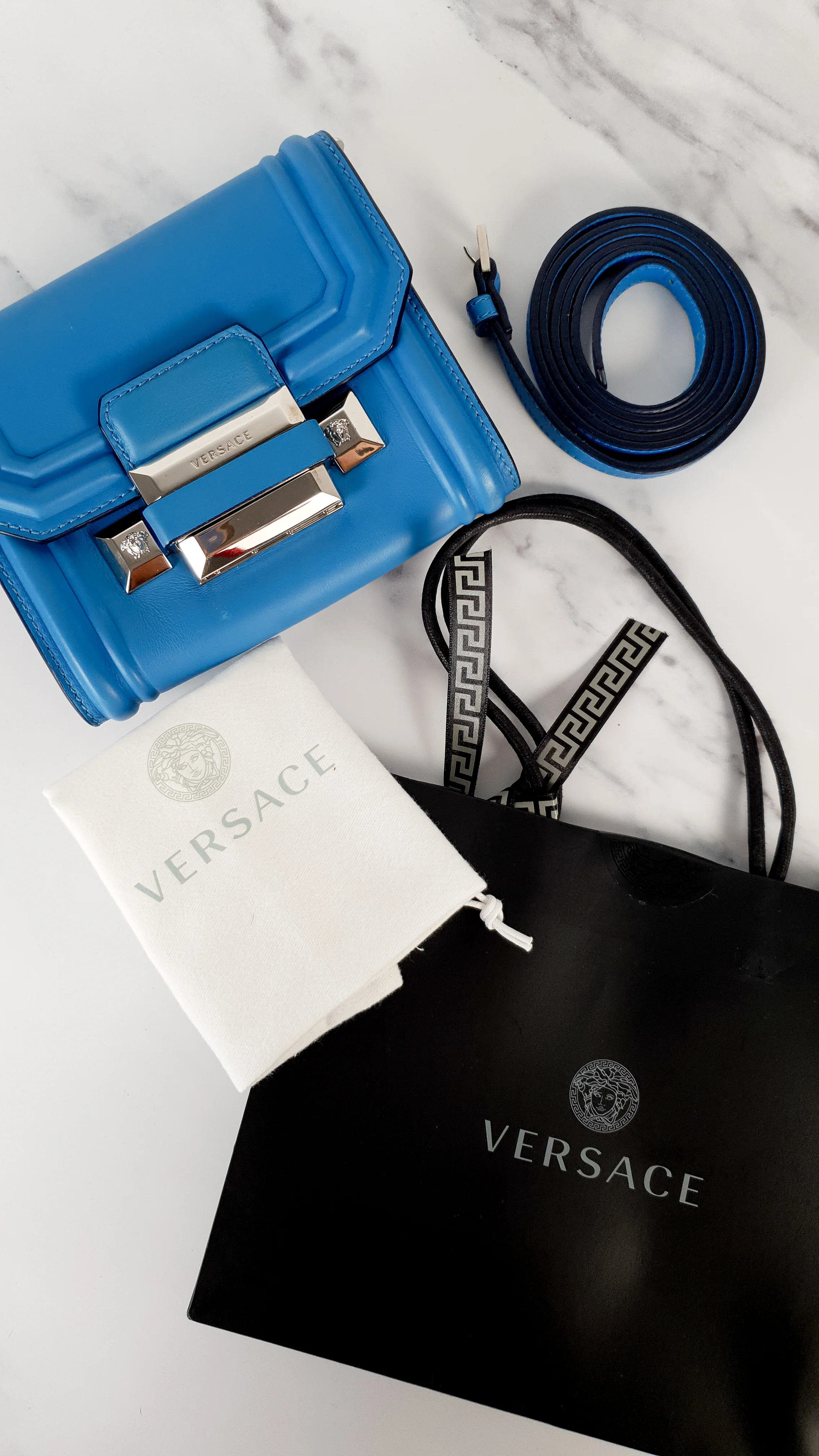 Versace Ryder Small Medusa Blue Crossbody Flap bag in Smooth Leather - Light Blue Clutch - Image 13