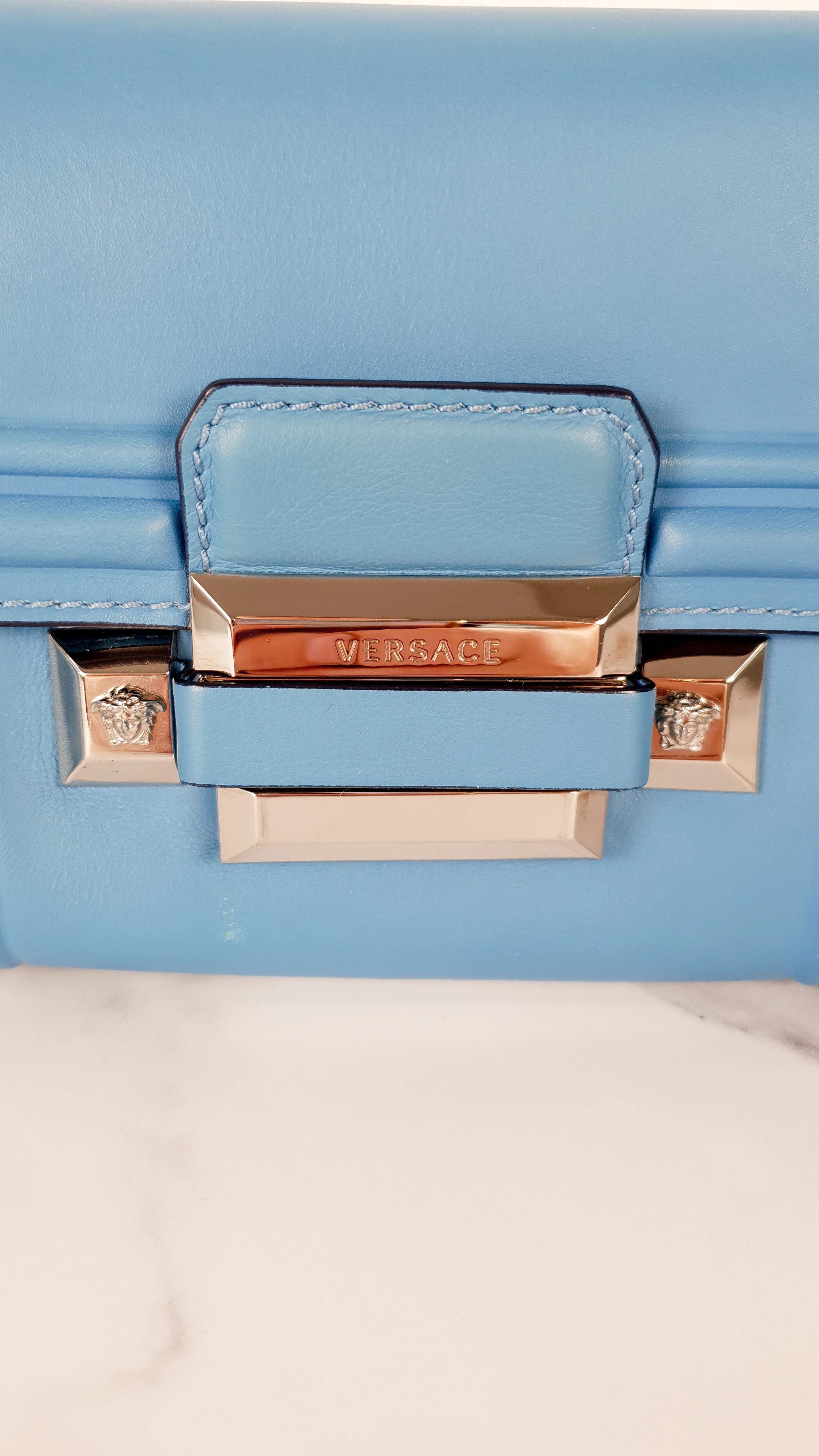 Versace Ryder Small Medusa Blue Crossbody Flap bag in Smooth Leather - Light Blue Clutch - Image 3