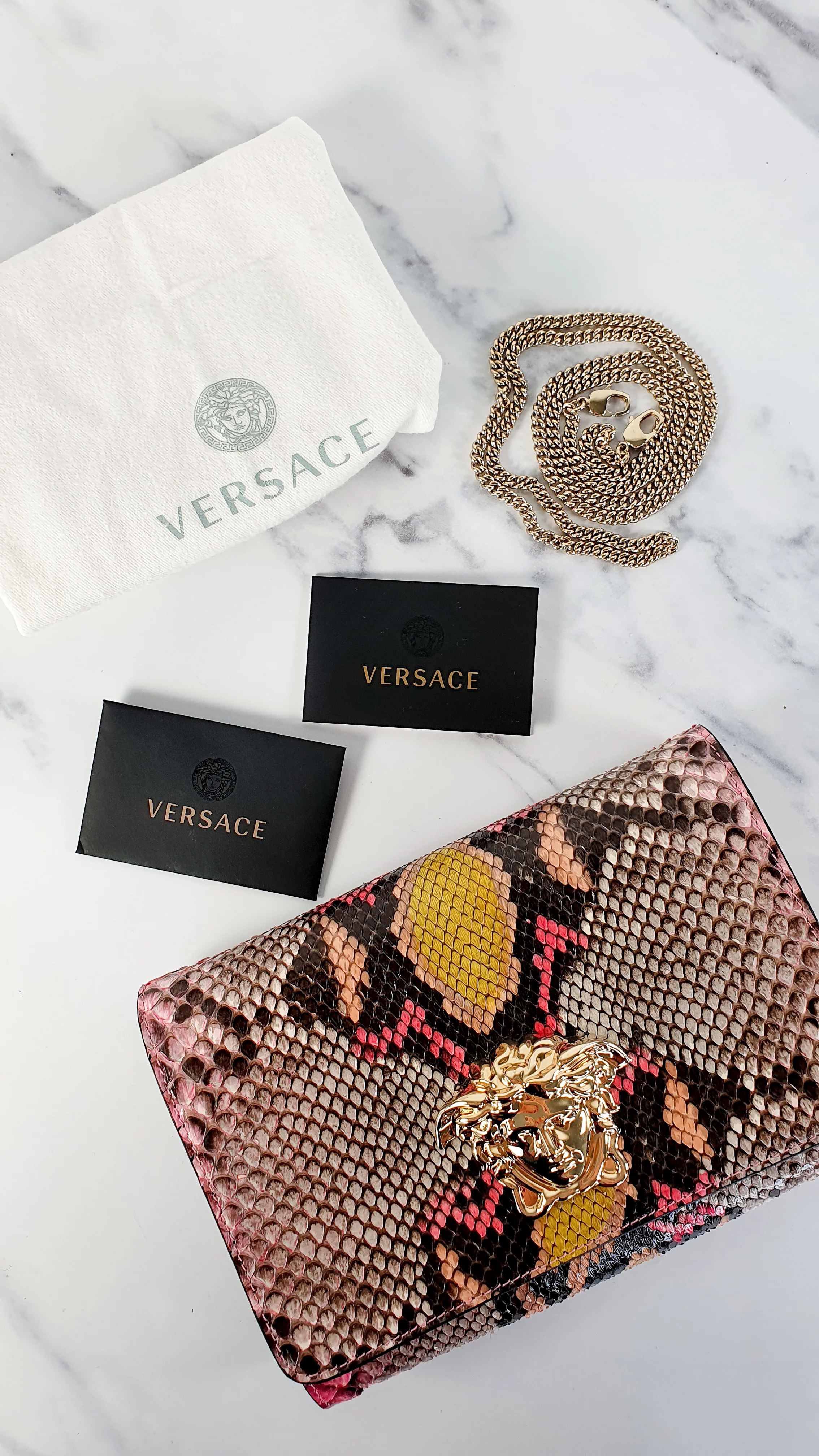 Versace Medusa Python Snakeskin Crossbody Bag Clutch - Flap bag in Pink and Yellow - Image 15