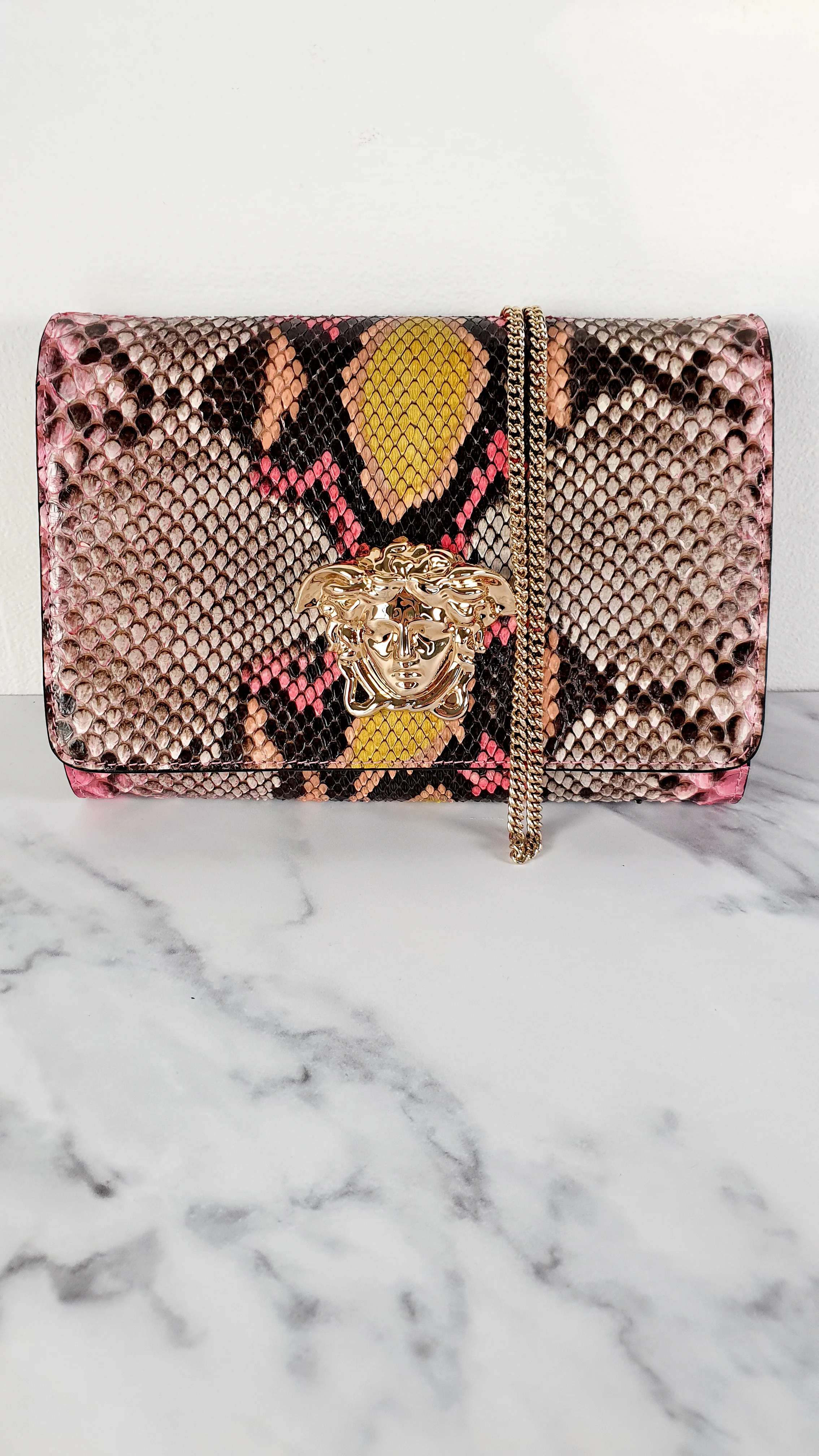 Versace Medusa Python Snakeskin Crossbody Bag Clutch - Flap bag in Pink and Yellow - Image 3