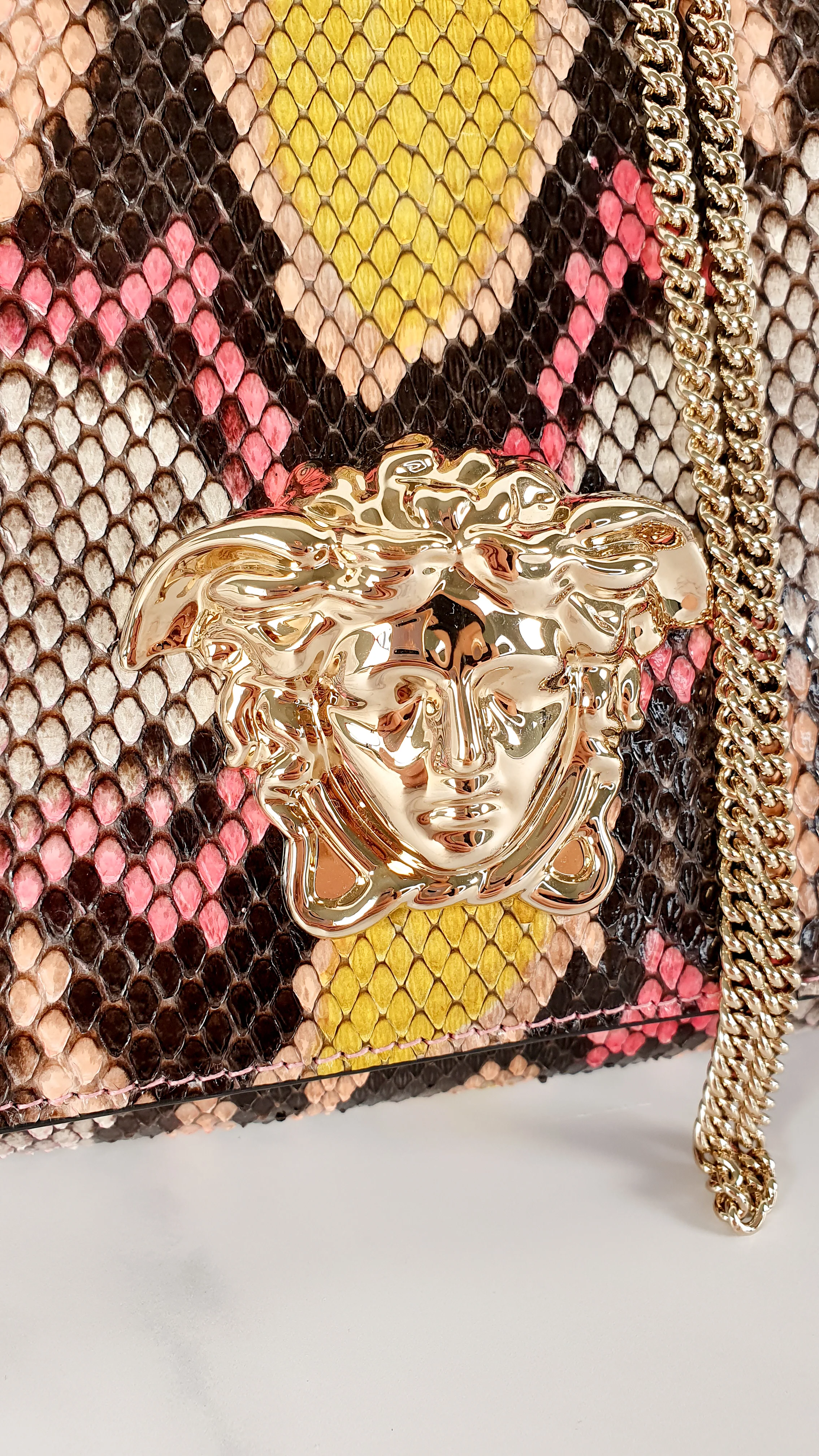 Versace Medusa Python Snakeskin Crossbody Bag Clutch - Flap bag in Pink and Yellow - Image 4