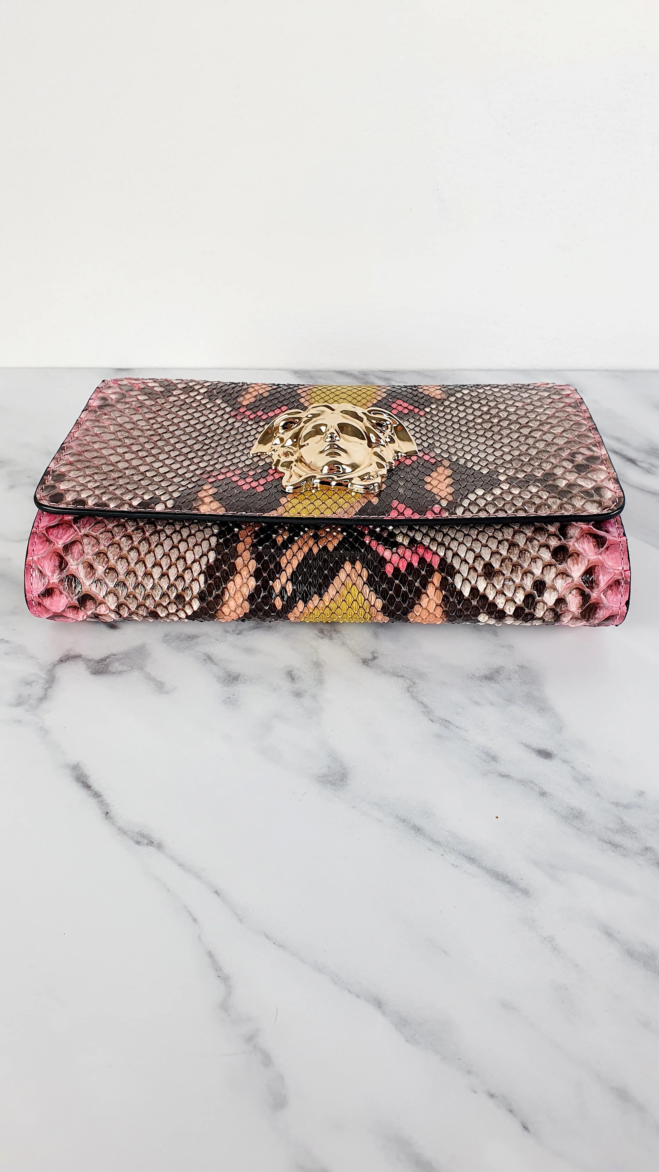 Versace Medusa Python Snakeskin Crossbody Bag Clutch - Flap bag in Pink and Yellow - Image 8