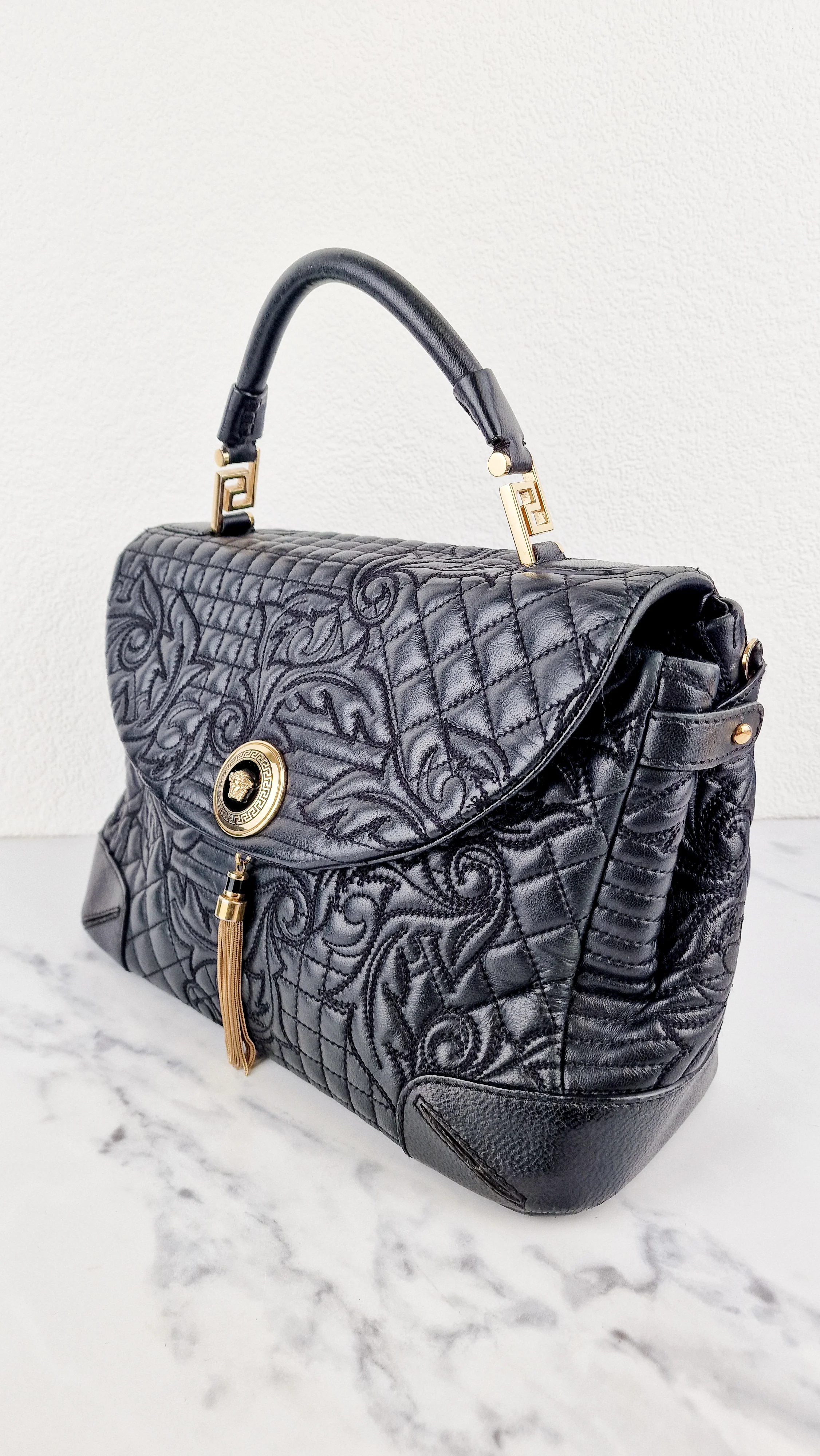 Versace Vanitas Altea Baroque Quilted Leather Black Handbag with Medusa Tassel - Image 4