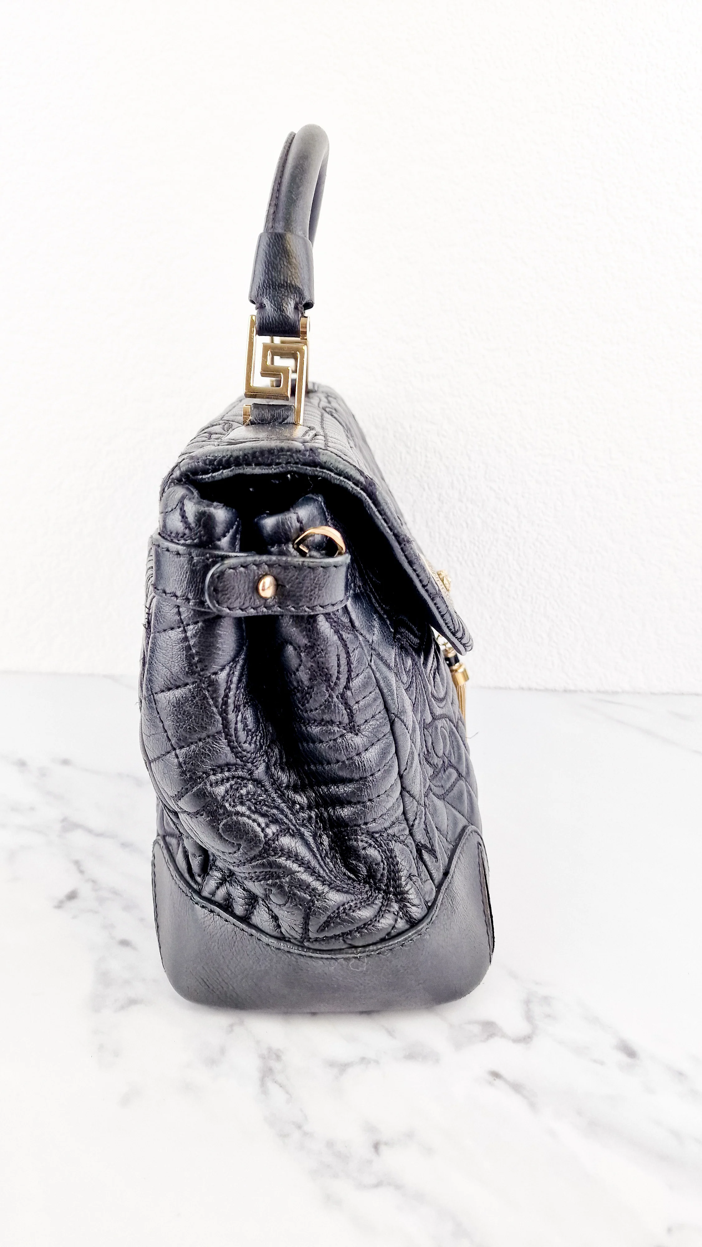 Versace Vanitas Altea Baroque Quilted Leather Black Handbag with Medusa Tassel - Image 9