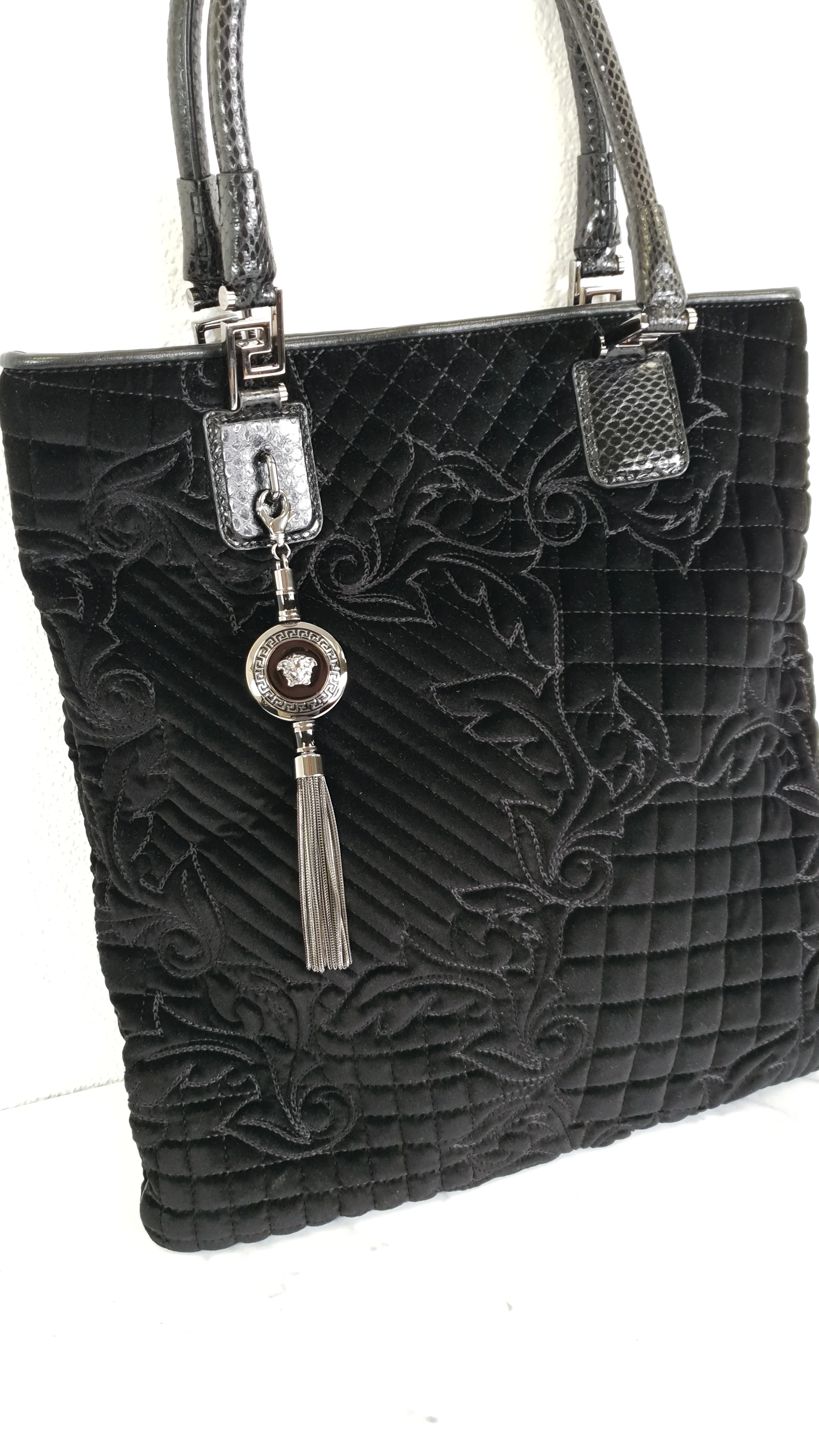 Versace Vanitas Baroque Quilted Velvet Tote With Snakeskin Handles - Black Handbag Shoulder Bag Work Bag with Medusa Charm - Image 3