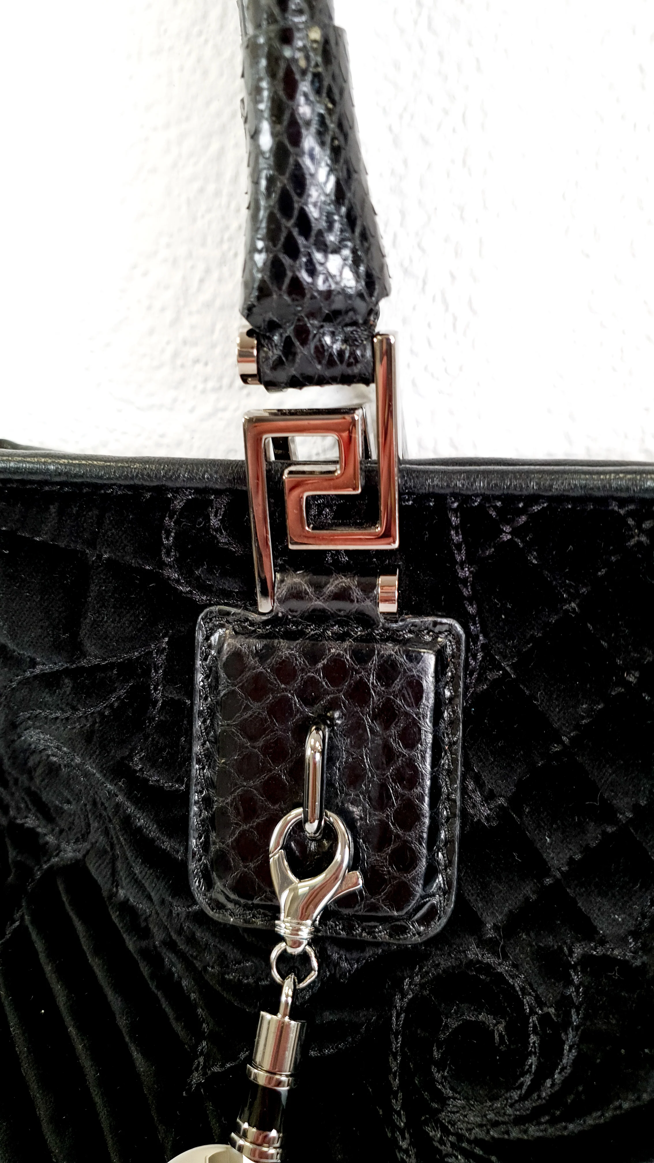 Versace Vanitas Baroque Quilted Velvet Tote With Snakeskin Handles - Black Handbag Shoulder Bag Work Bag with Medusa Charm - Image 4