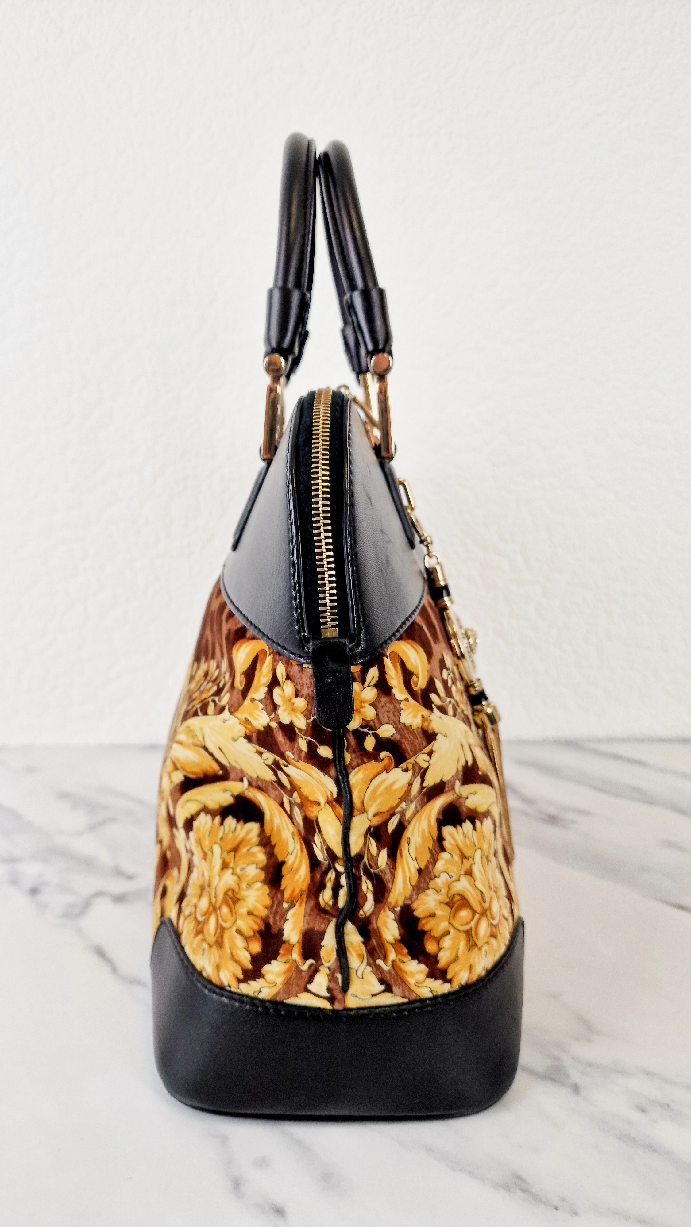 RARE Versace Vanitas Athena Bag with Leopard Baroque Velour Velvet Crown Print - Handbag with Black Smooth Leather and Medusa Tassel charm in Gold - Image 3
