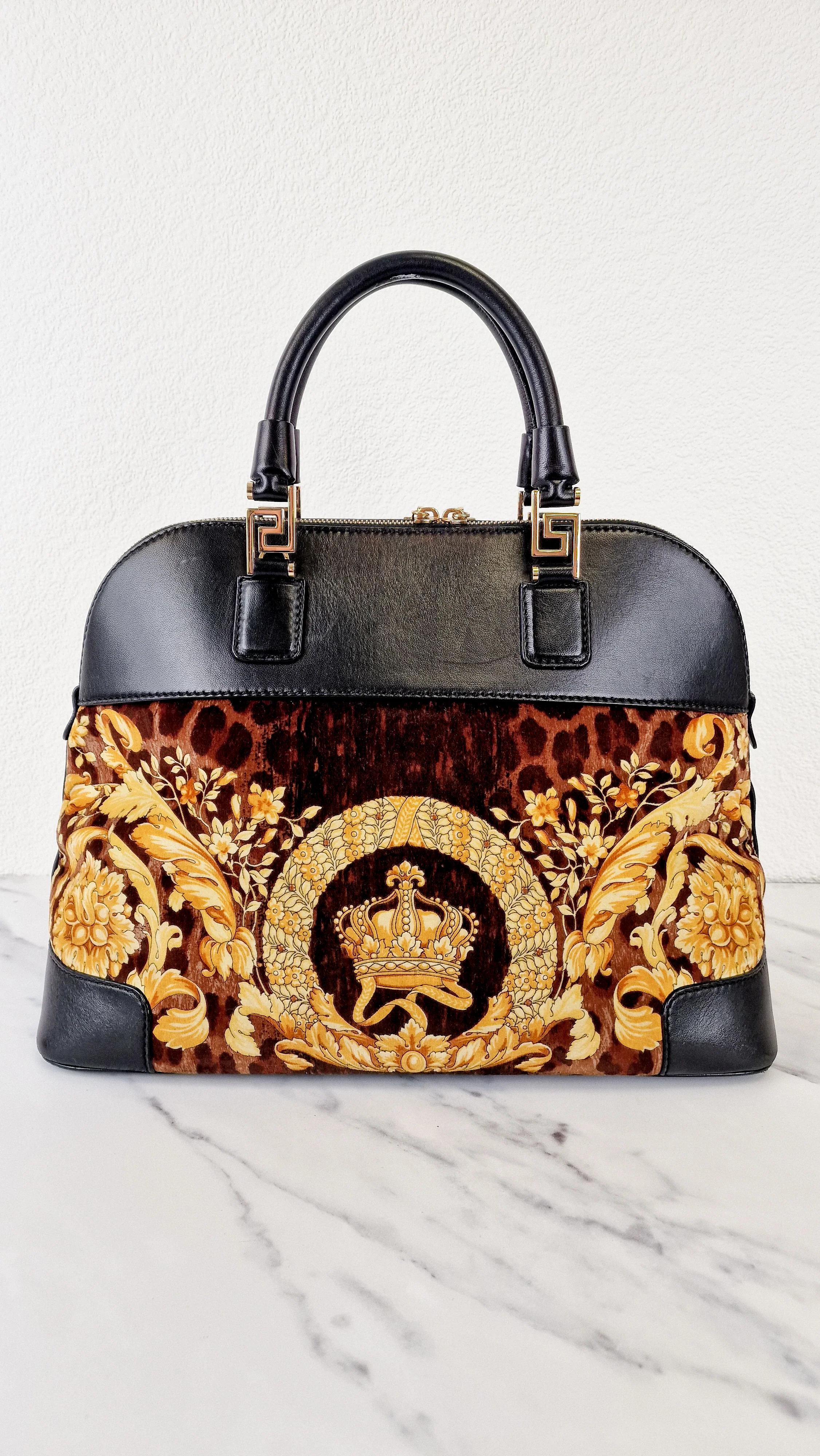 RARE Versace Vanitas Athena Bag with Leopard Baroque Velour Velvet Crown Print - Handbag with Black Smooth Leather and Medusa Tassel charm in Gold - Image 4