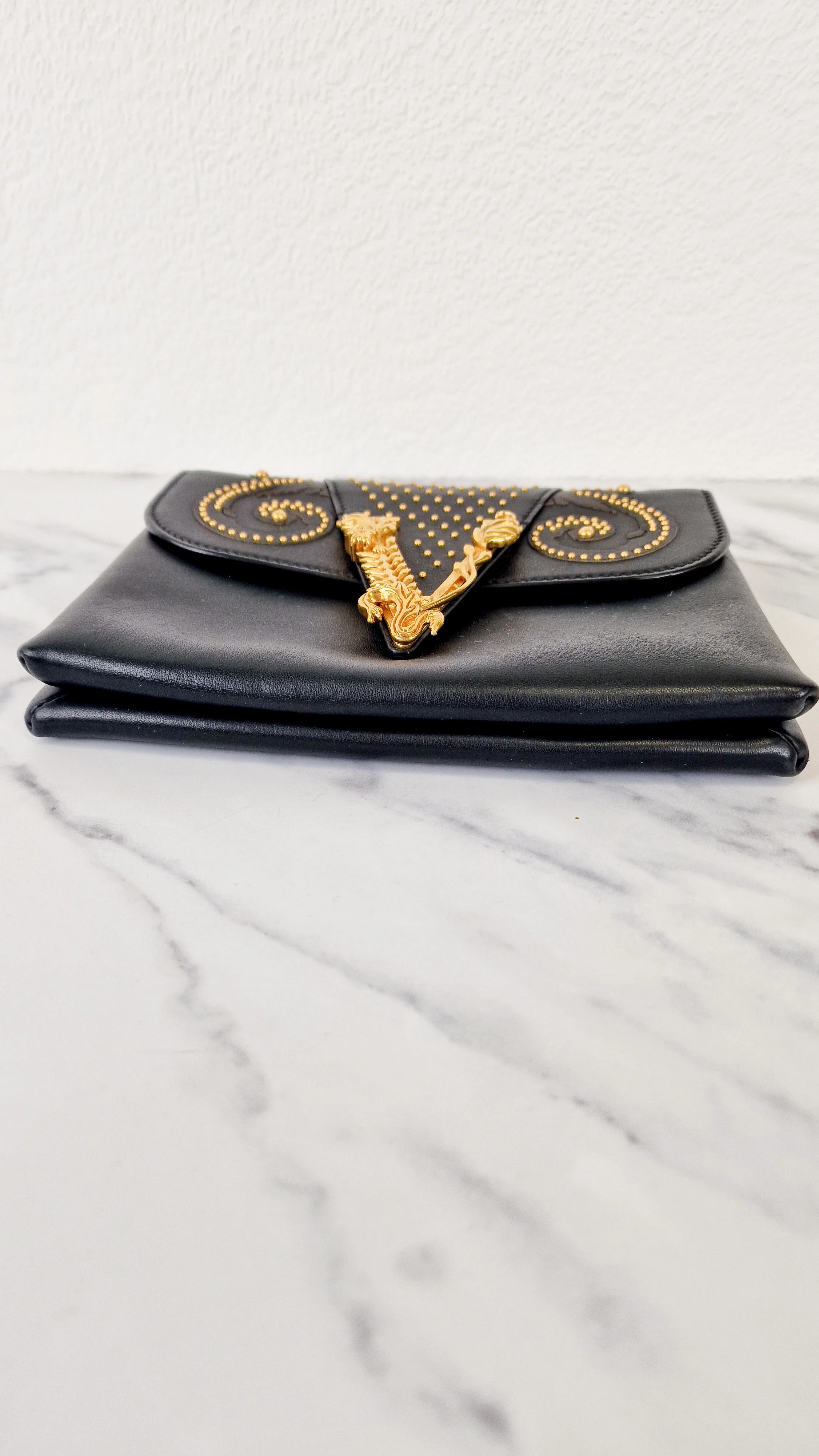 Versace Virtus Western Stud Flap Bag Clutch With Gold Chain in Black Smooth Leather - Crossbody Shoulder Bag - Image 10