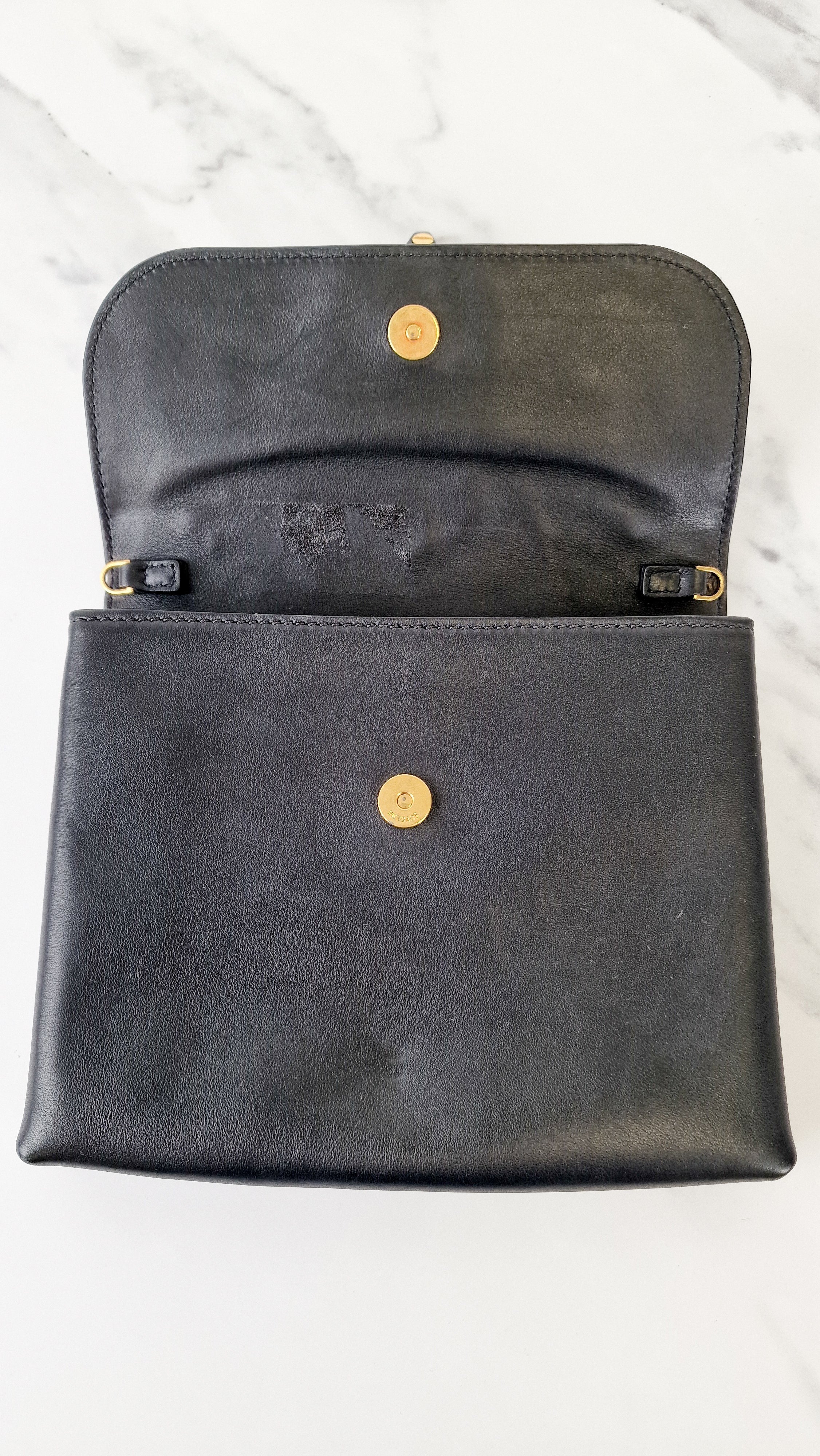 Versace Virtus Western Stud Flap Bag Clutch With Gold Chain in Black Smooth Leather - Crossbody Shoulder Bag - Image 11