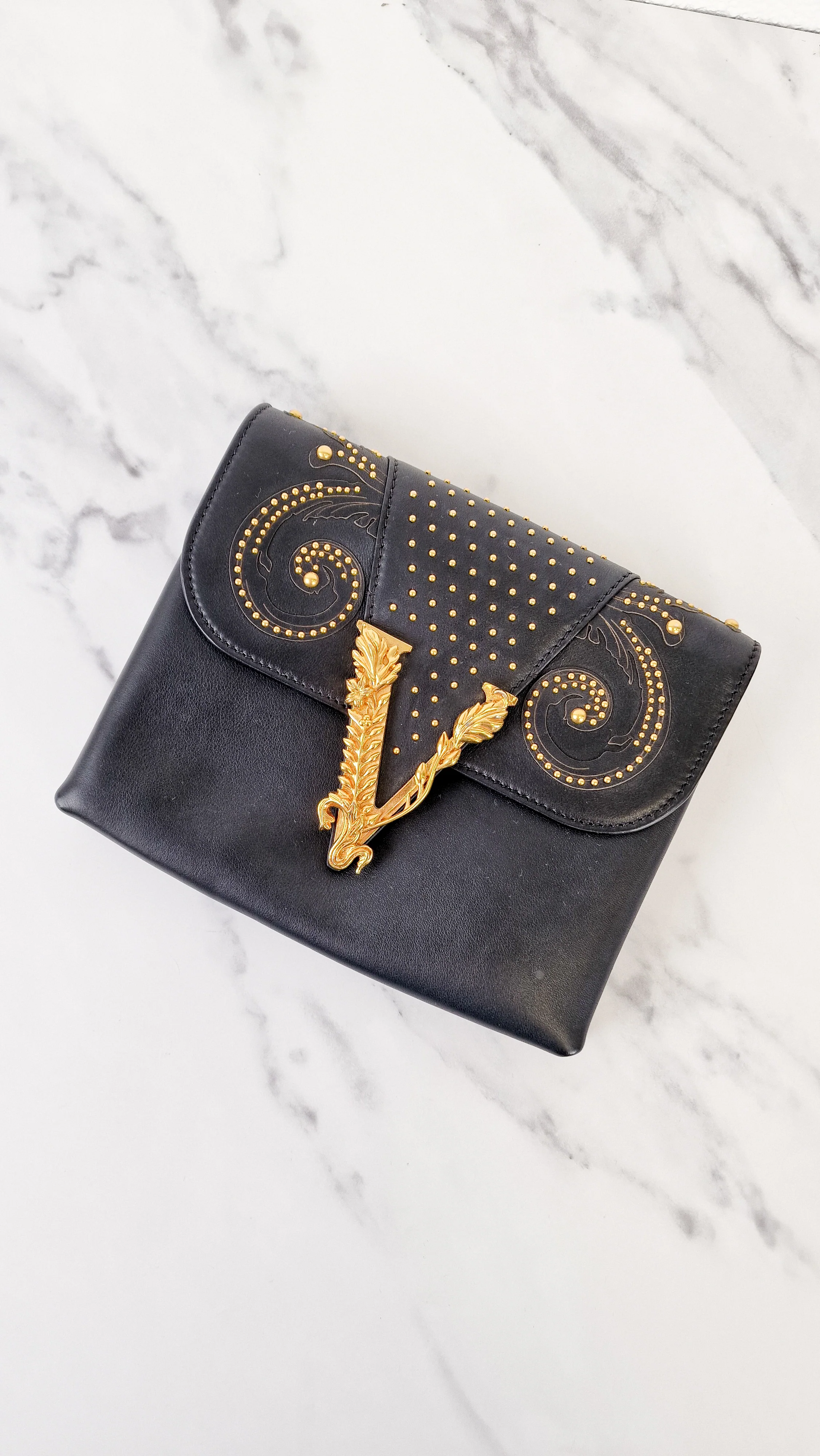 Versace Virtus Western Stud Flap Bag Clutch With Gold Chain in Black Smooth Leather - Crossbody Shoulder Bag - Image 16