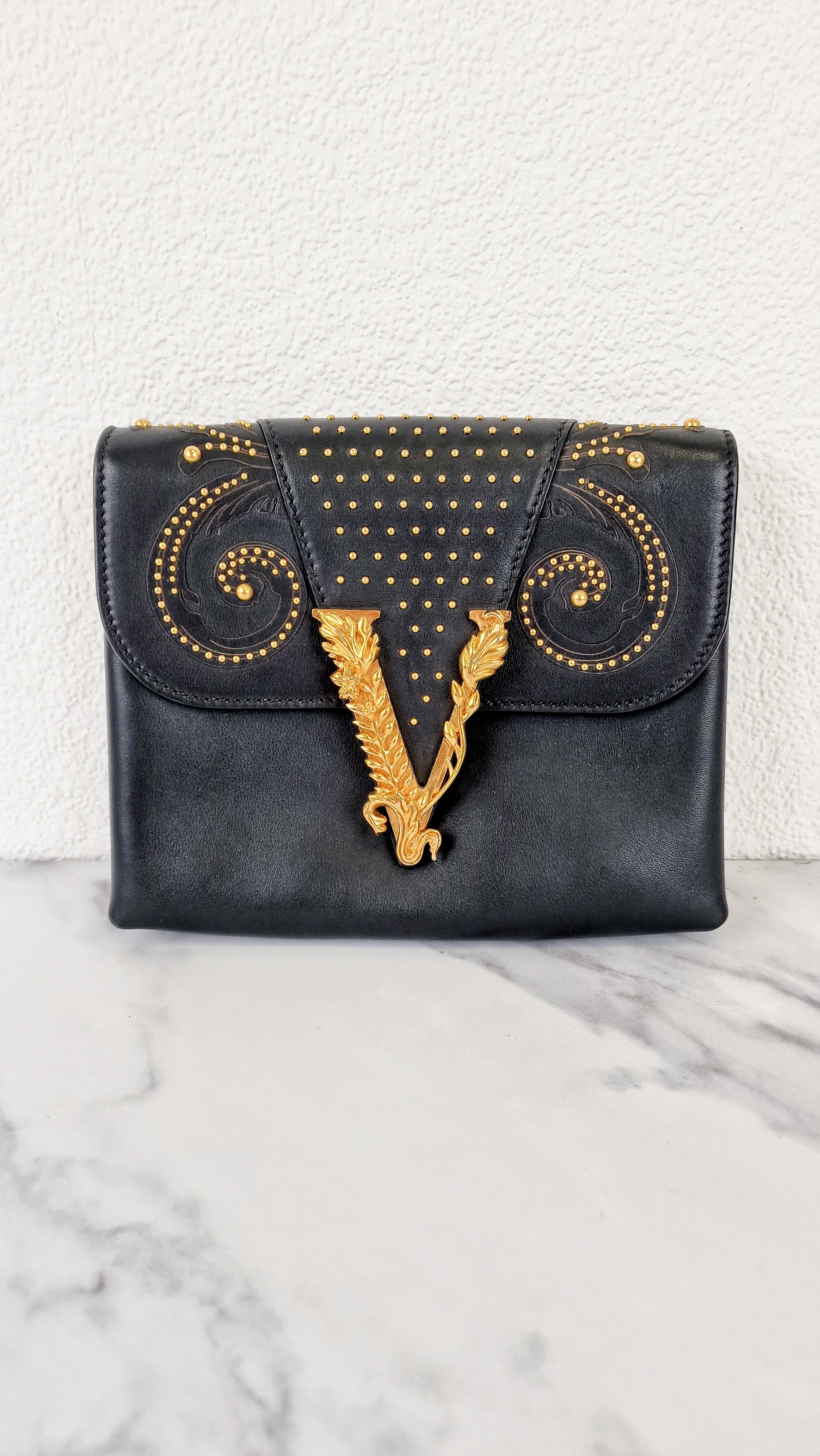 Versace Virtus Western Stud Flap Bag Clutch With Gold Chain in Black Smooth Leather - Crossbody Shoulder Bag - Image 3