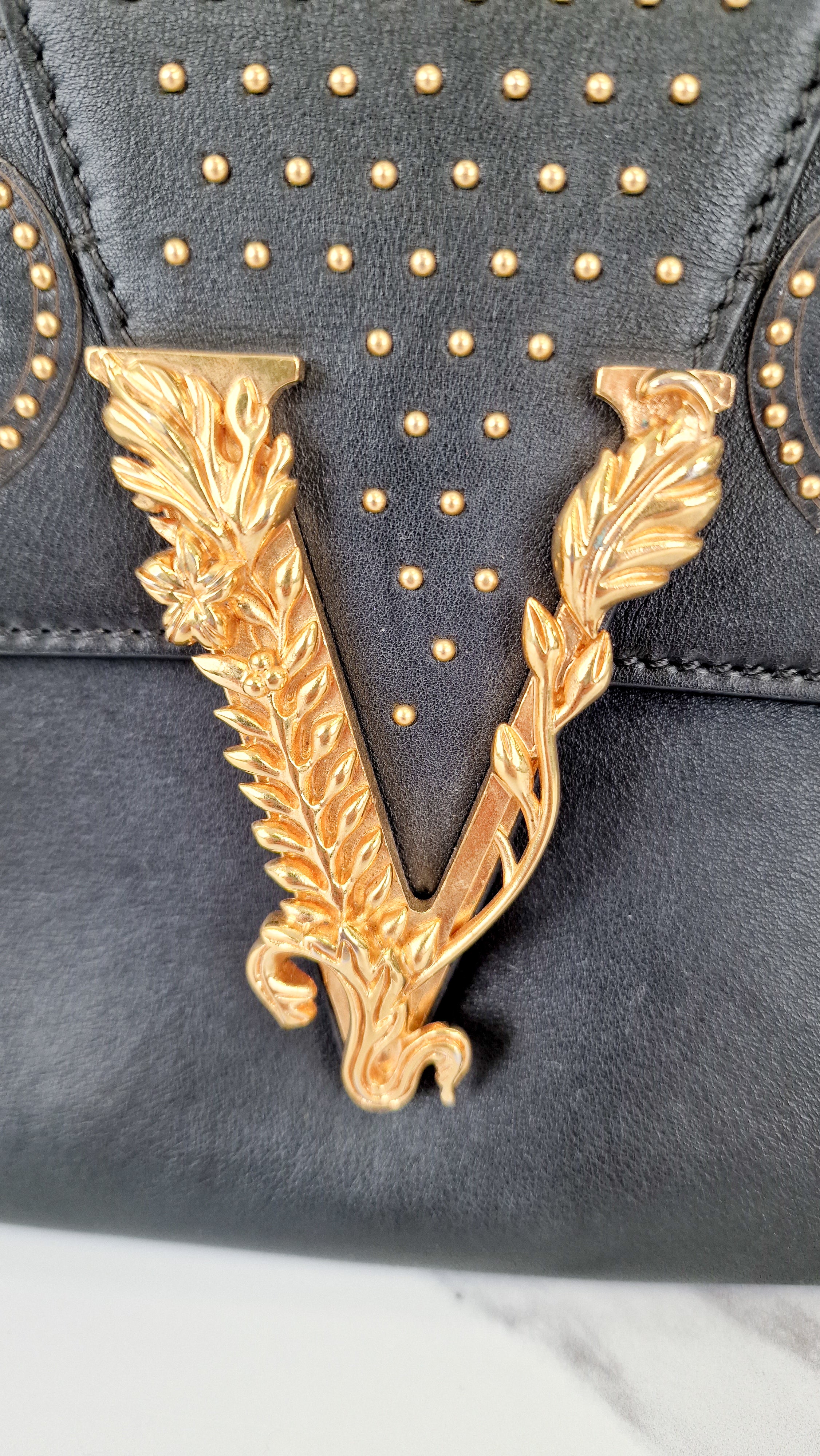 Versace Virtus Western Stud Flap Bag Clutch With Gold Chain in Black Smooth Leather - Crossbody Shoulder Bag - Image 4