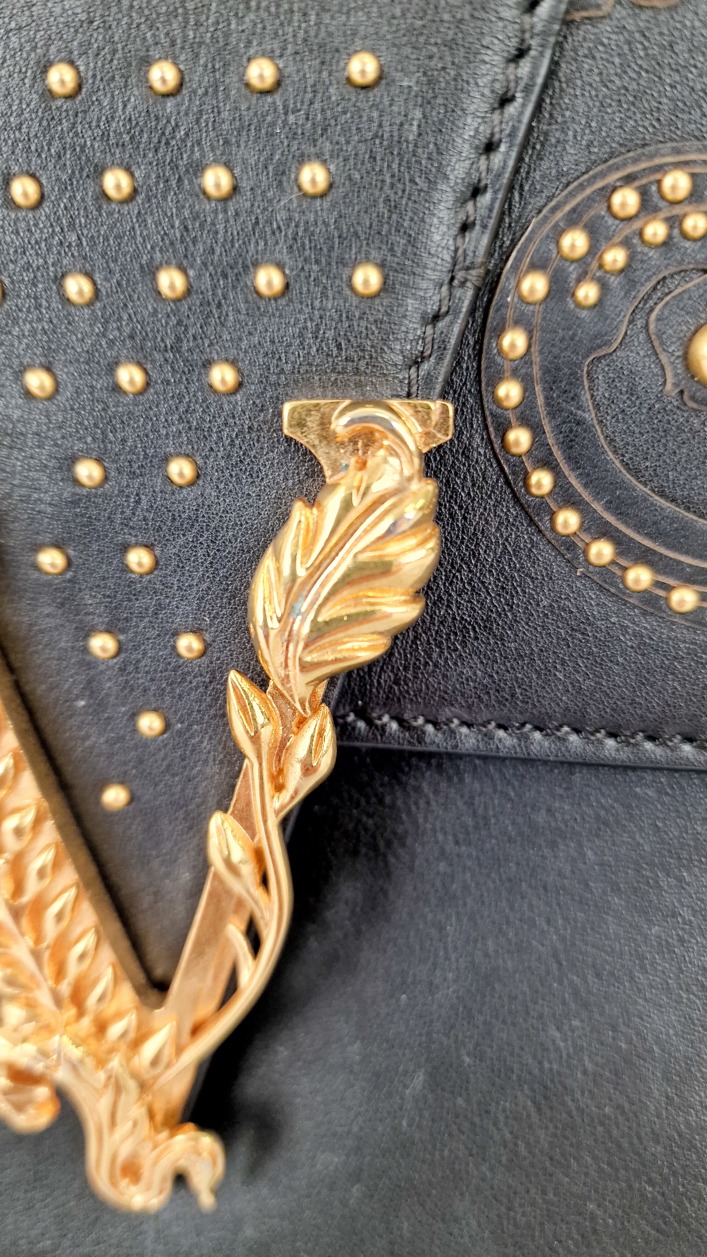 Versace Virtus Western Stud Flap Bag Clutch With Gold Chain in Black Smooth Leather - Crossbody Shoulder Bag - Image 5