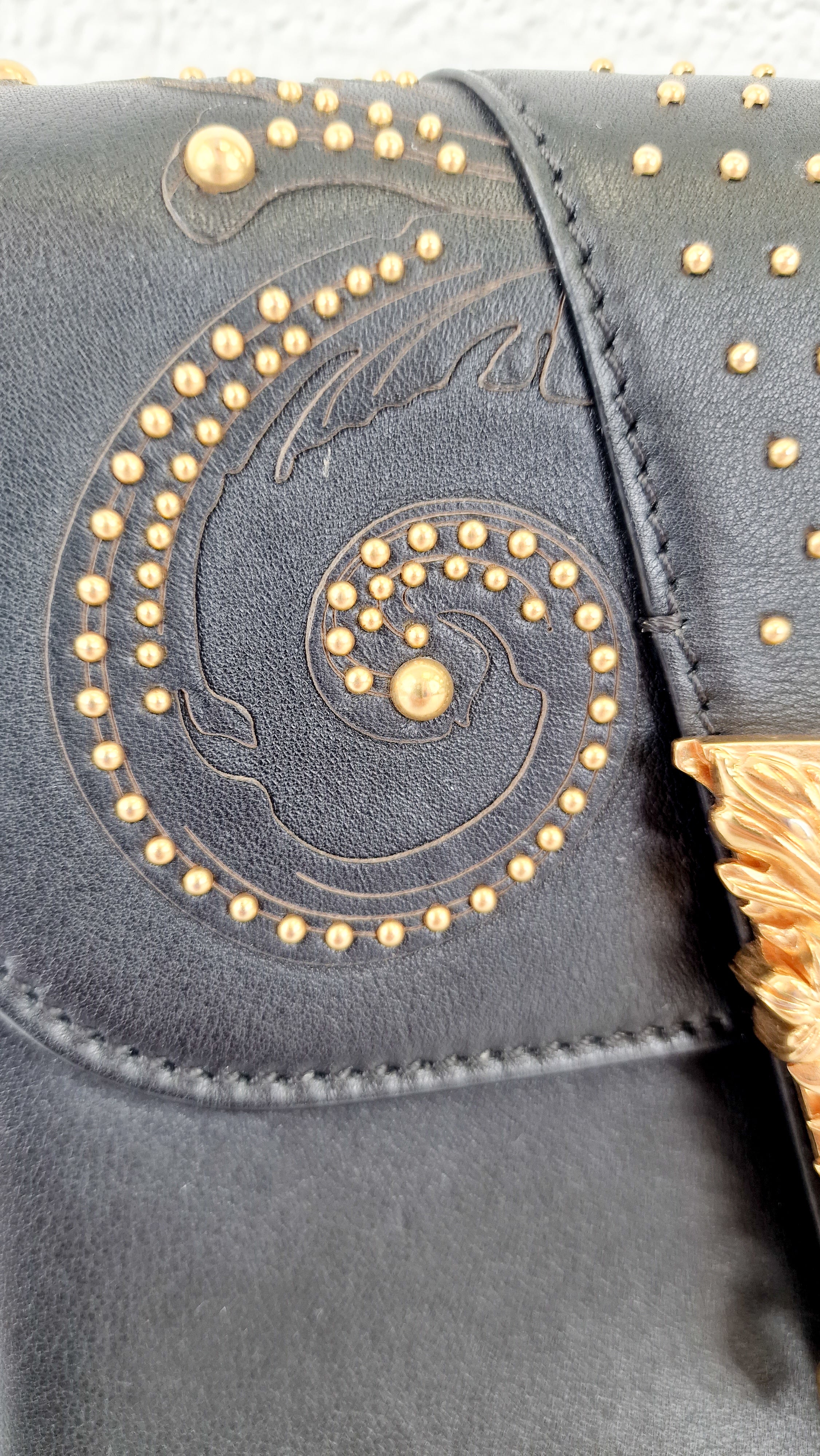 Versace Virtus Western Stud Flap Bag Clutch With Gold Chain in Black Smooth Leather - Crossbody Shoulder Bag - Image 6