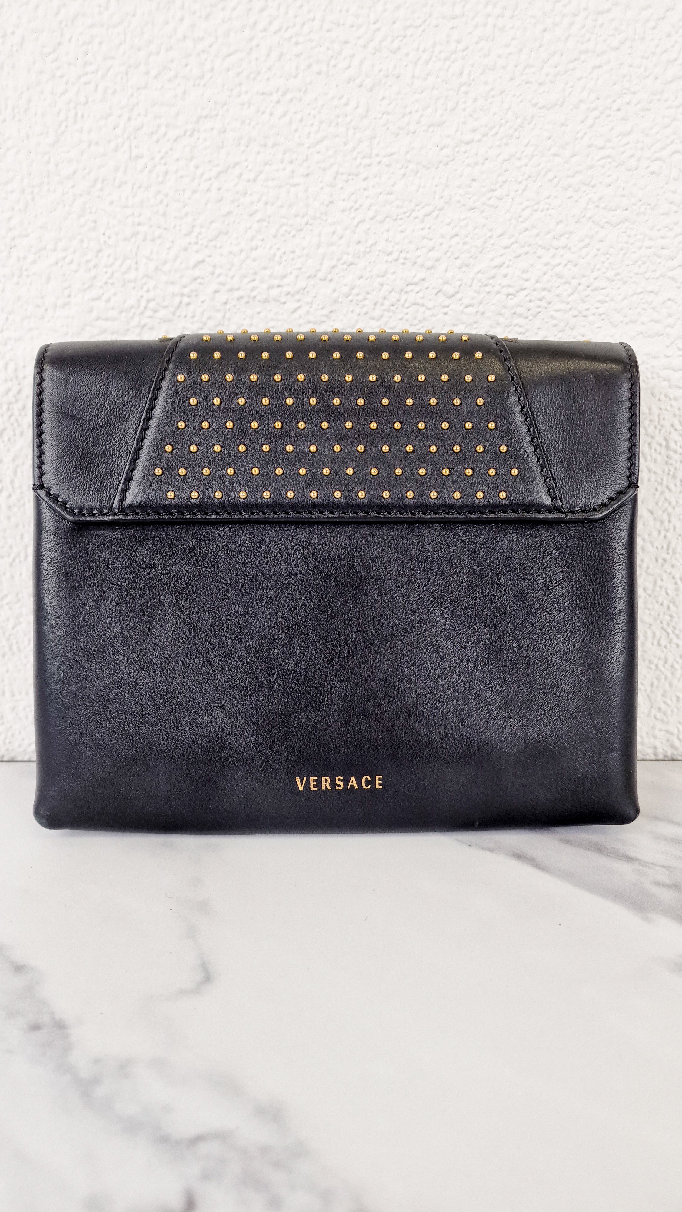 Versace Virtus Western Stud Flap Bag Clutch With Gold Chain in Black Smooth Leather - Crossbody Shoulder Bag - Image 7